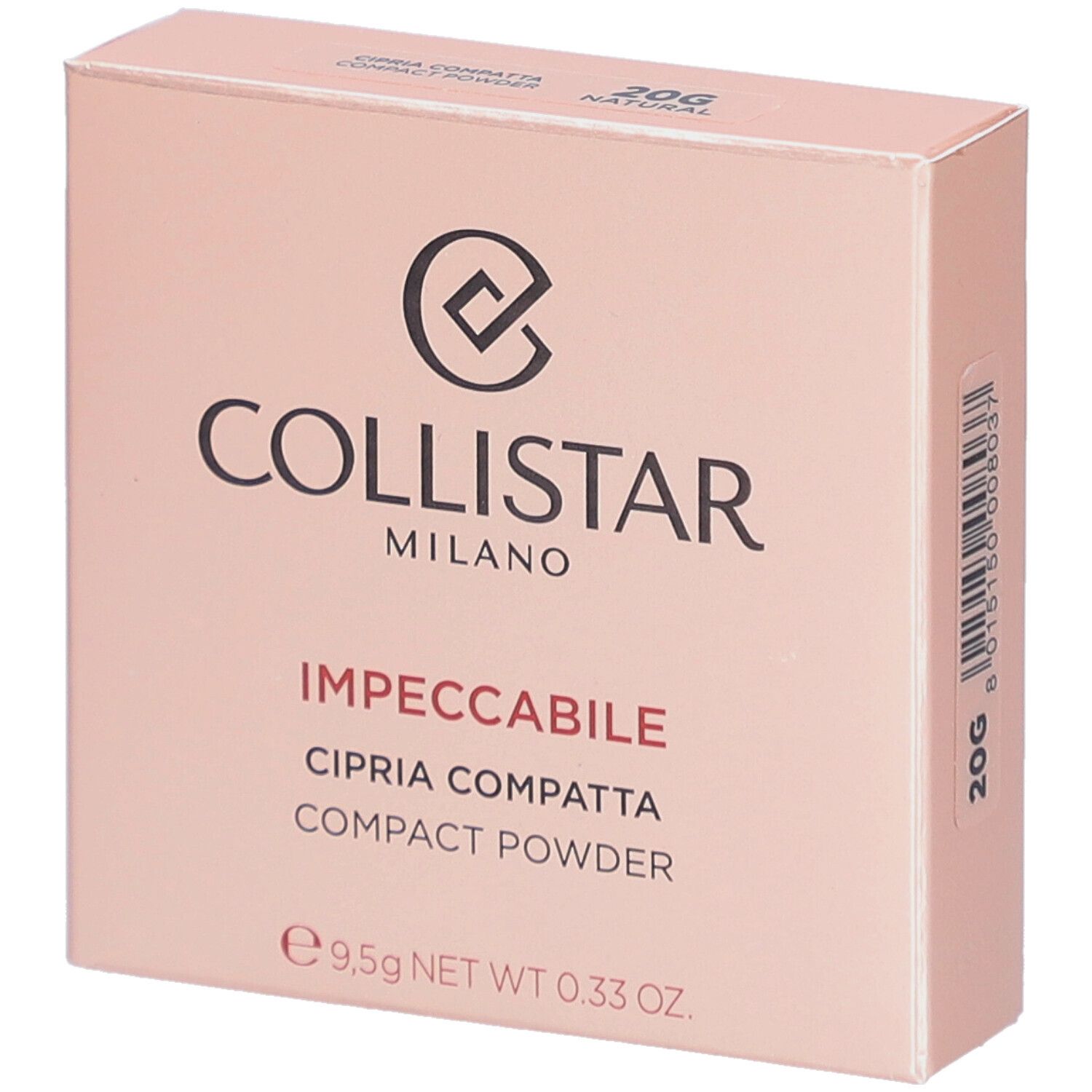 Boîte rose. Inscription: Collistar Milano, Impeccabile, Cipria Compatta, Compact Powder. 20G Natural. 9,5g NET WT 0.33 OZ.