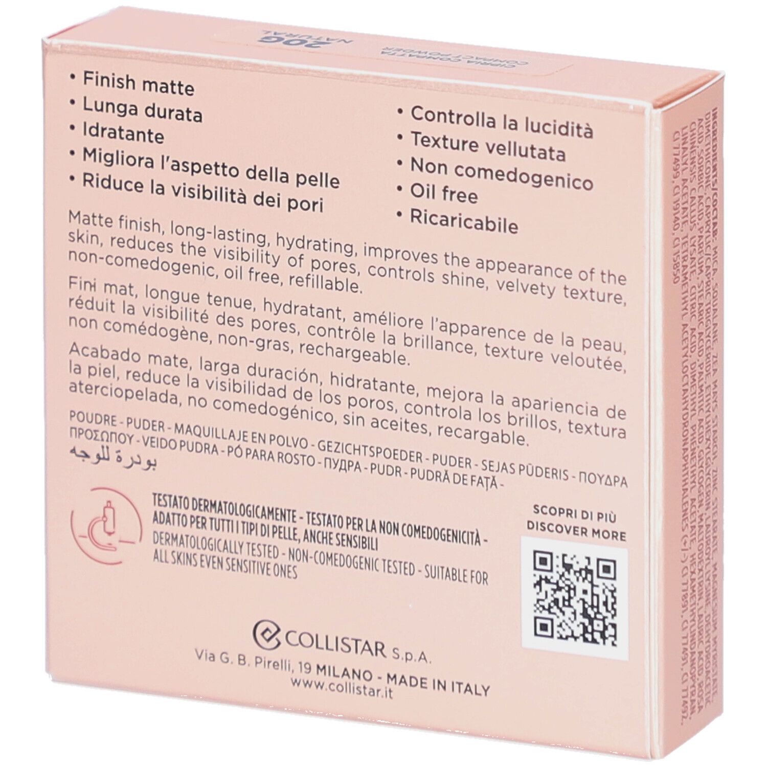 Dos de la boîte rose. Texte: Fini mat, longue tenue, hydratant, améliore l'apparence de la peau, réduit les pores, sans huile.