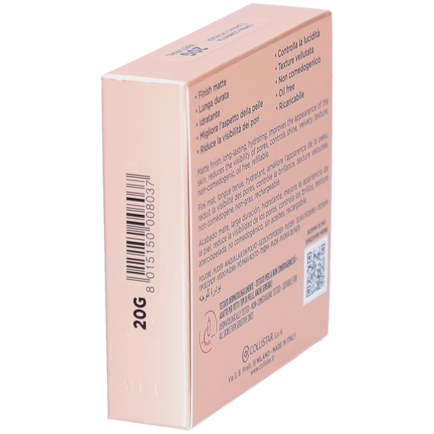 Côté de la boîte rose. Inscription: 20G. Texte: Fini mat, longue tenue, hydratant, améliore l'apparence de la peau, réduit les pores, sans huile.