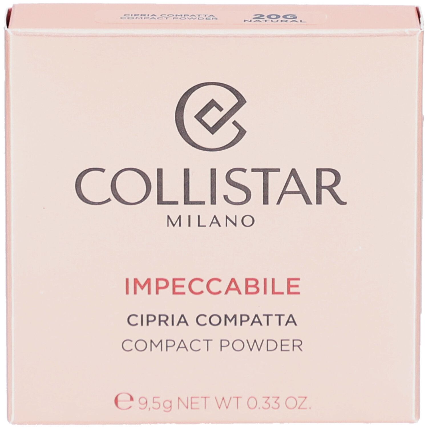 Boîte rose. Inscription: Collistar Milano, Impeccabile, Cipria Compatta, Compact Powder. 20G Natural. 9,5g NET WT 0.33 OZ.