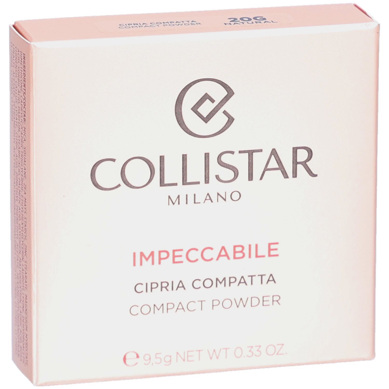 Boîte rose. Inscription: Collistar Milano, Impeccabile, Cipria Compatta, Compact Powder. 20G Natural. 9,5g NET WT 0.33 OZ.