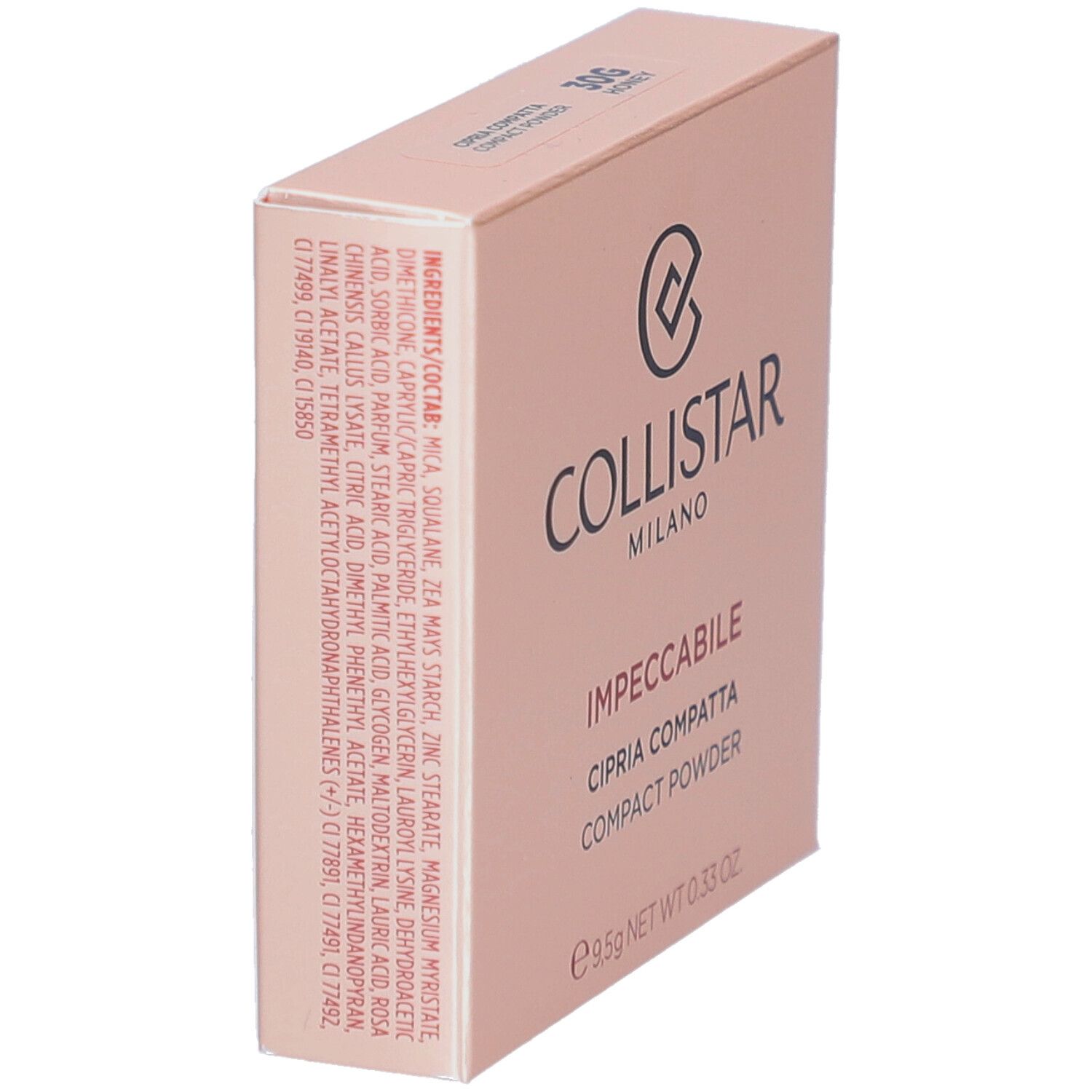 Boîte de poudre compacte Collistar Impeccabile. Rose, 30G Honey. Inscriptions et logo.