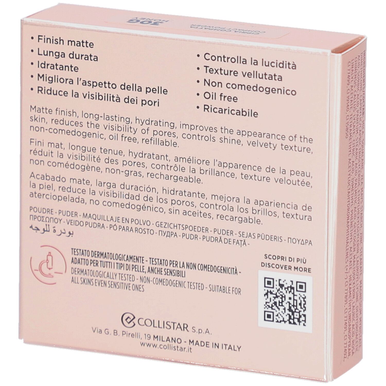 Dos de la boîte de poudre compacte. Texte multilingue. Marque Collistar.