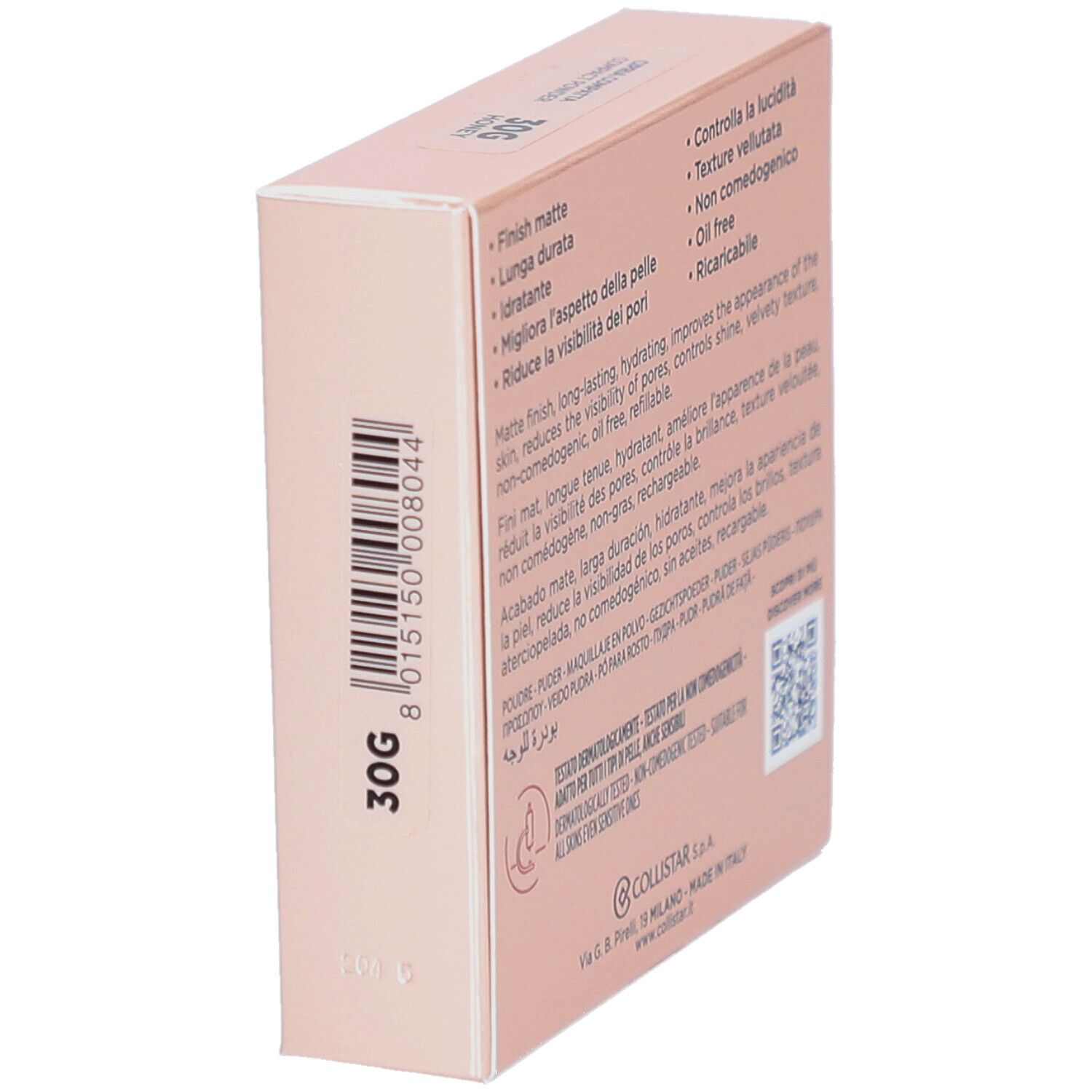 Dos de la boîte de poudre compacte. Texte multilingue. Marque Collistar.