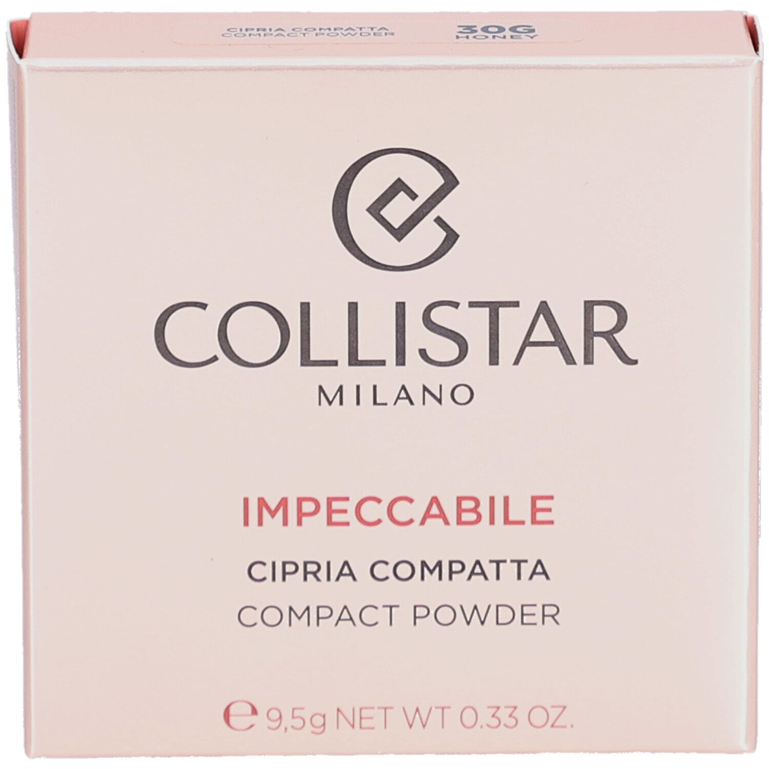 Boîte de poudre compacte Collistar Impeccabile. Rose, 30G Honey. Inscriptions et logo.
