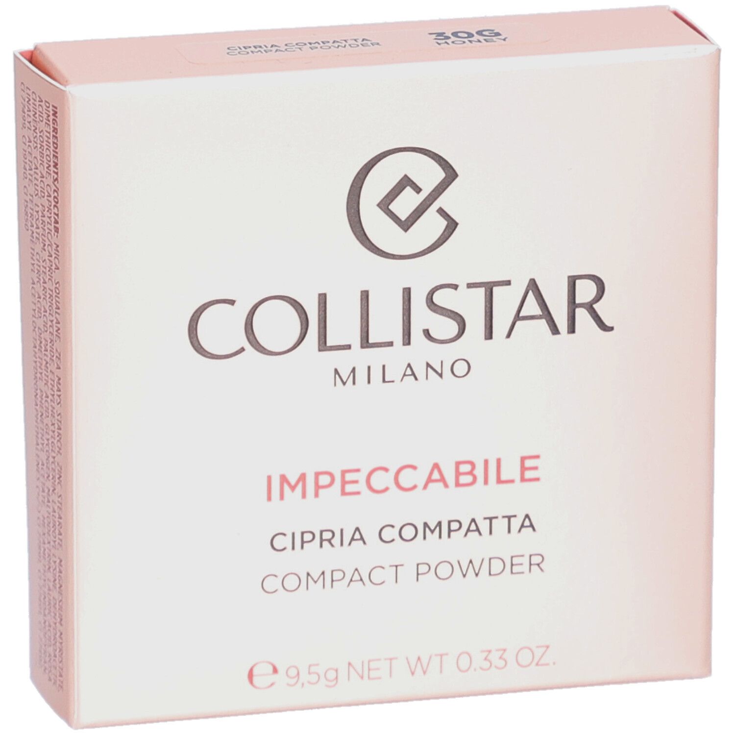 Boîte de poudre compacte Collistar Impeccabile. Rose, 30G Honey. Inscriptions et logo.