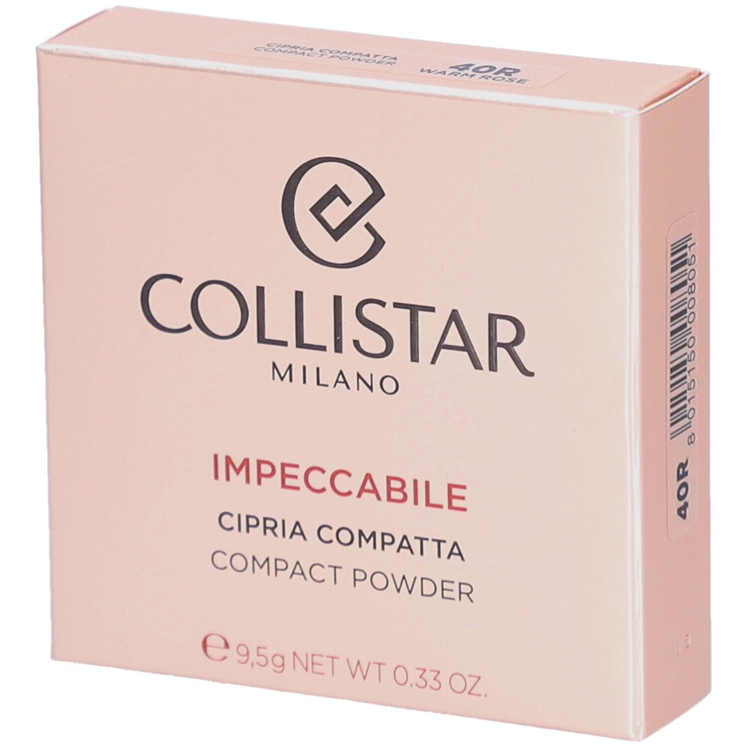 Boîte rose Collistar. Logo et nom du produit. 40R Warm Rose. 9,5g.