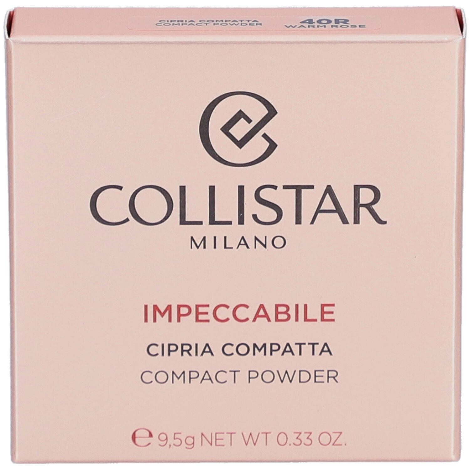 Boîte rose Collistar. Logo et nom du produit. 40R Warm Rose. 9,5g.