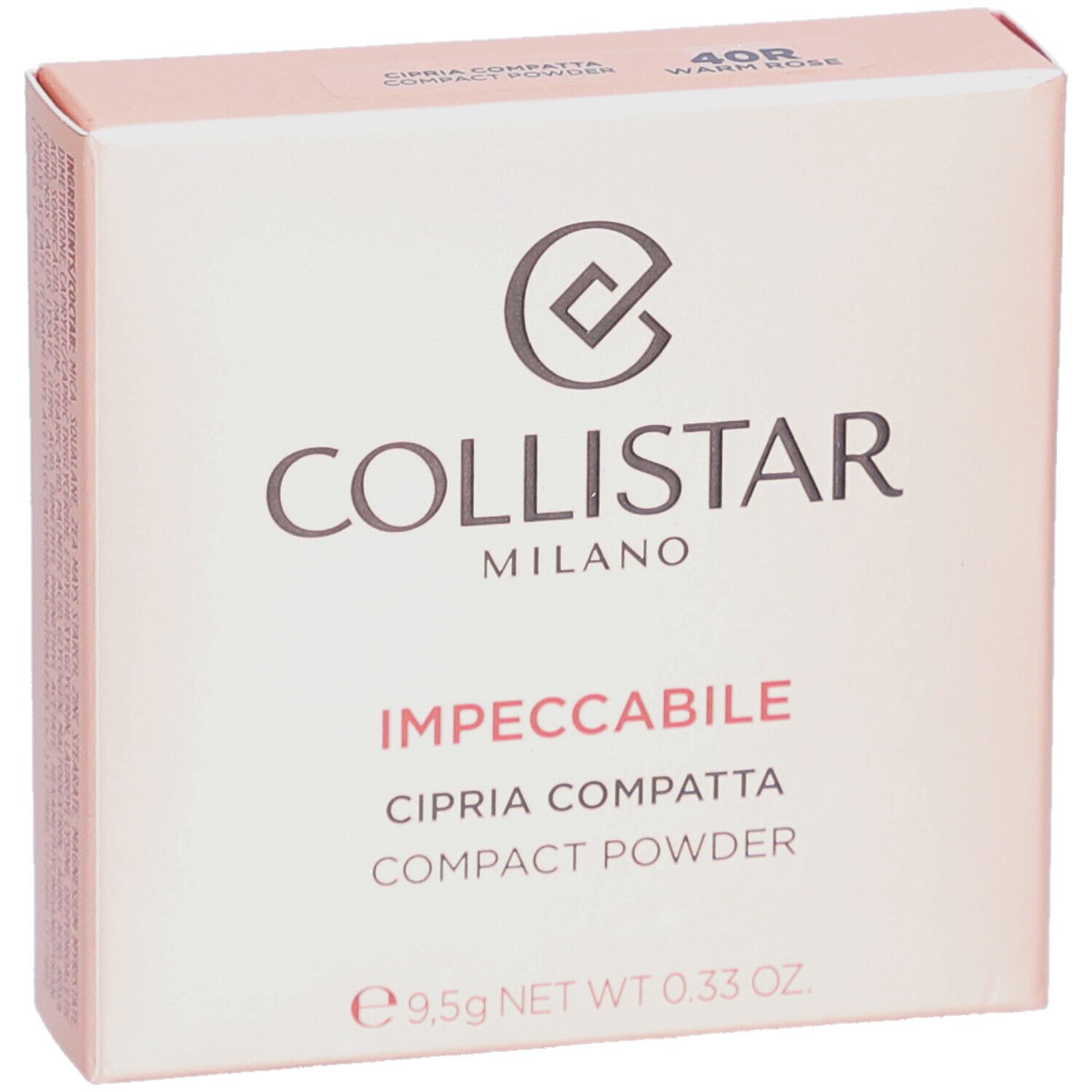 Boîte rose Collistar. Logo et nom du produit. 40R Warm Rose. 9,5g.