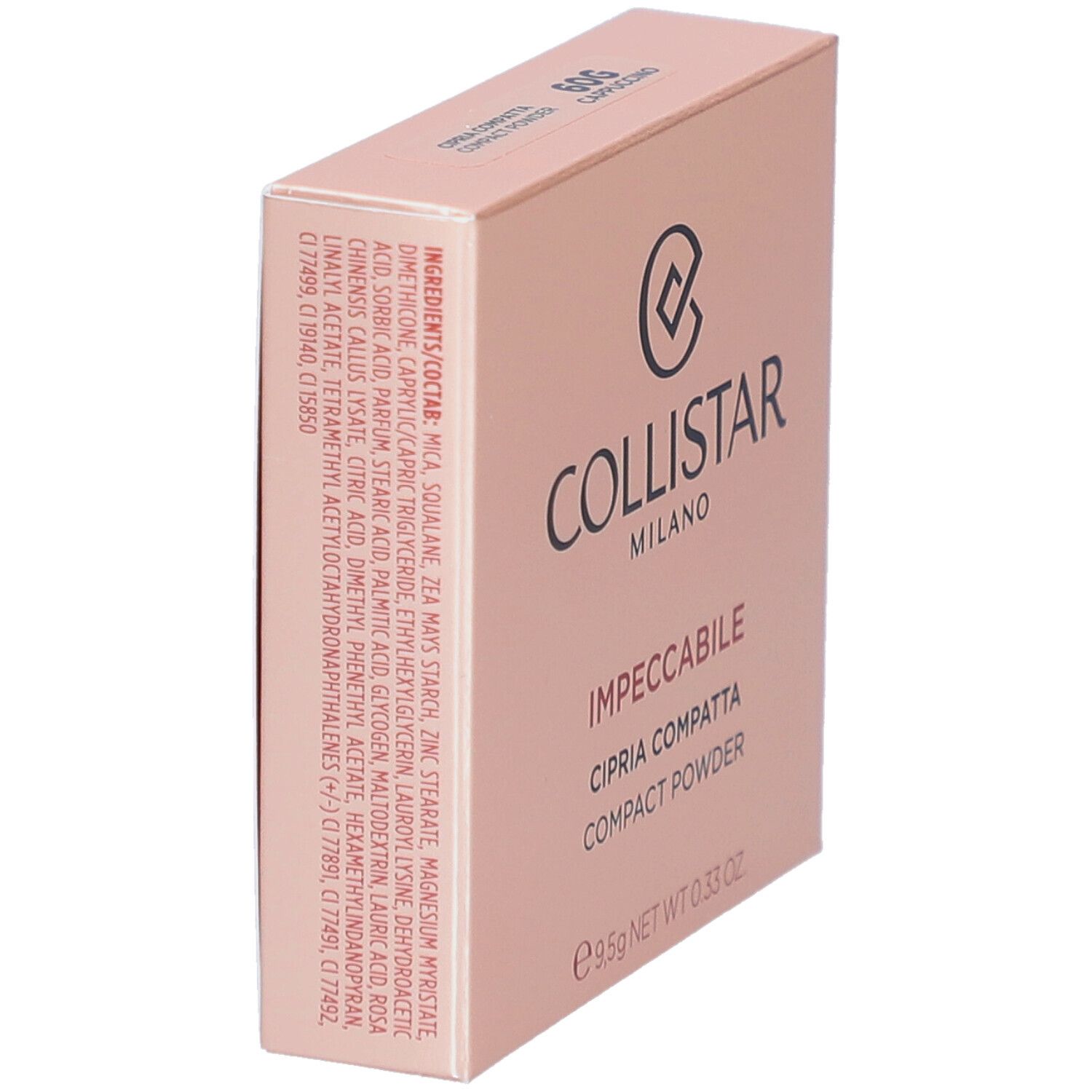 Boîte de poudre compacte Collistar Impeccabile. Boîte rose avec logo et ingrédients. 60G Cappuccino.