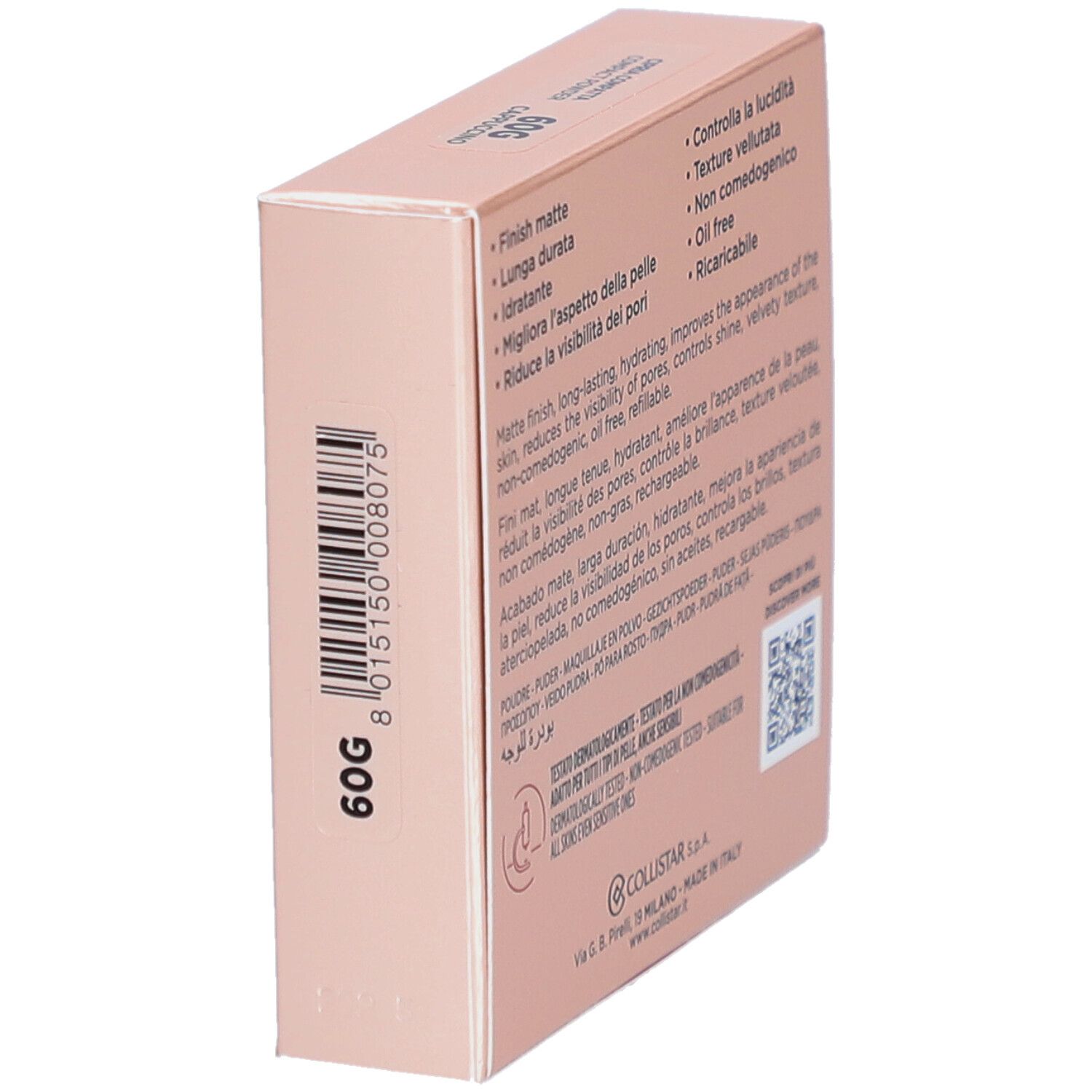 Dos de la boîte de poudre compacte Collistar Impeccabile. Boîte rose avec informations produit et code QR.