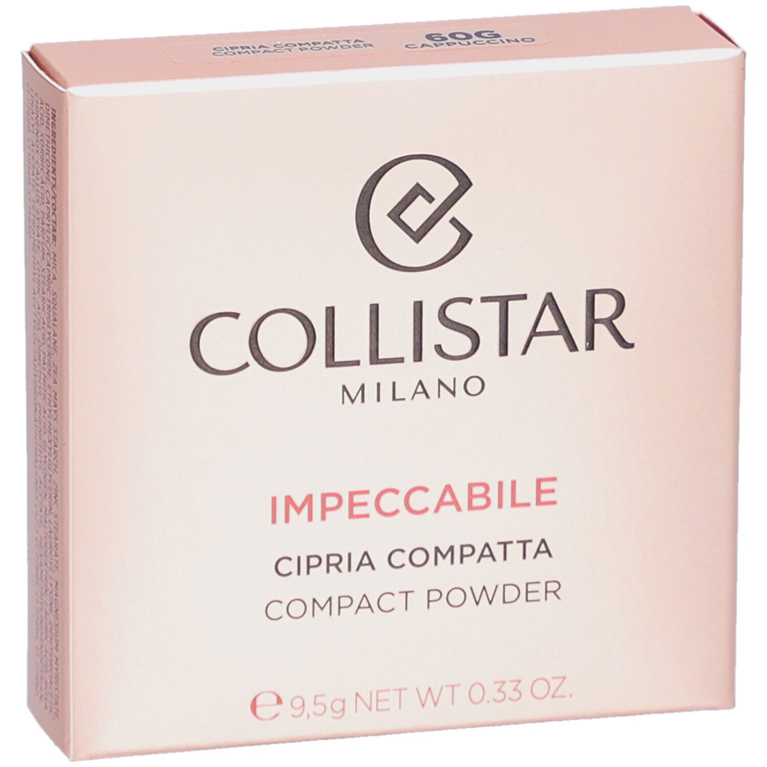 Boîte de poudre compacte Collistar Impeccabile. Boîte rose avec logo et informations produit. 60G Cappuccino.