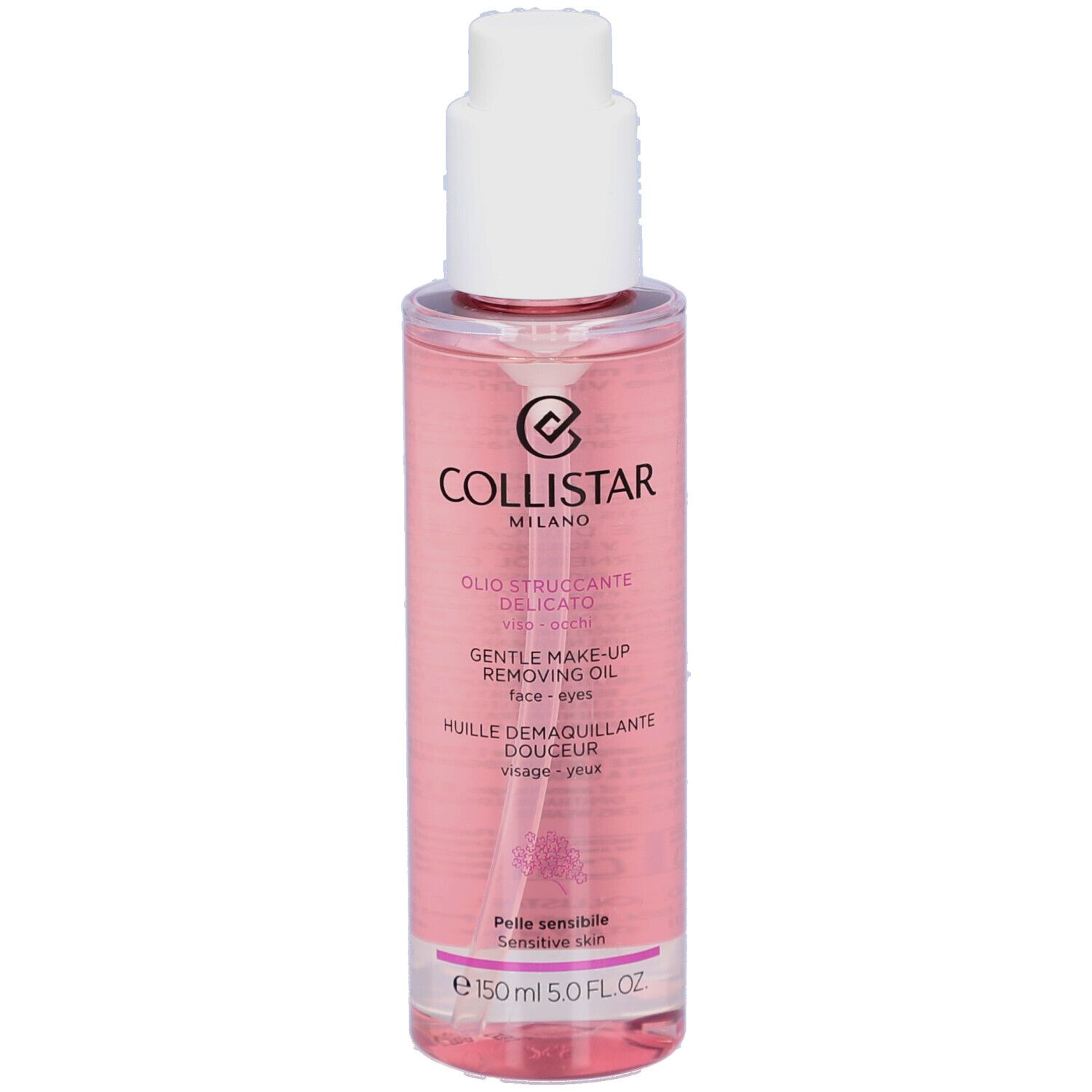 Flacon transparent rose avec pompe blanche. Inscription: Collistar, Gentle Make-up Removing Oil. Peau sensible.