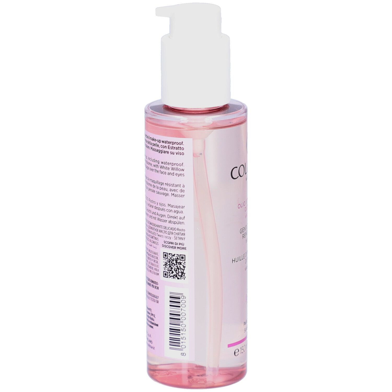 Dos du flacon. Texte et code QR. Ingrédients et informations fabricant. Liquide rose visible.