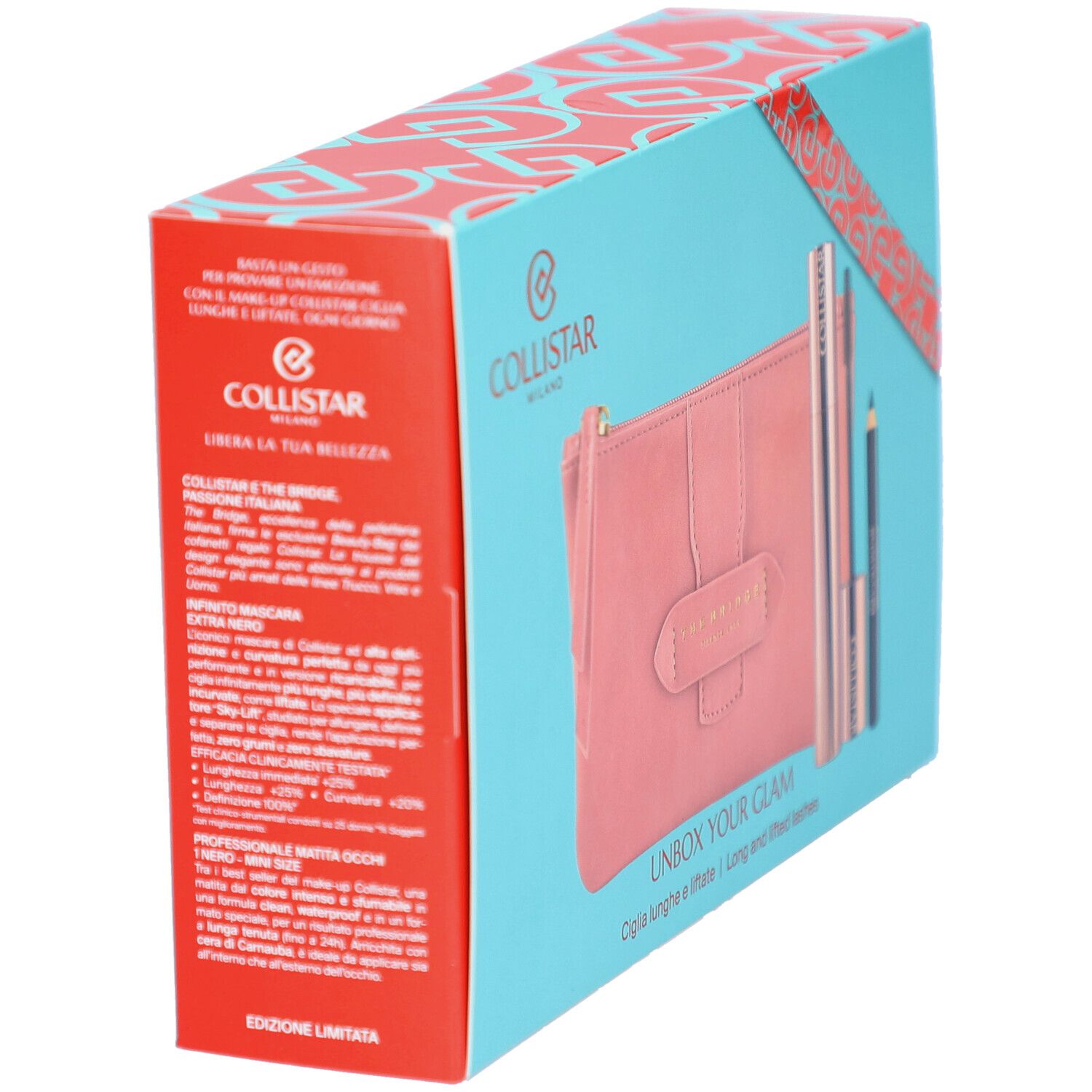 Coffret cadeau avec trousse de maquillage, mascara et eye-liner. Boîte turquoise avec ruban rouge. Marque: Collistar Milano. Texte: UNBOX YOUR GLAM. LIMITED EDITION.