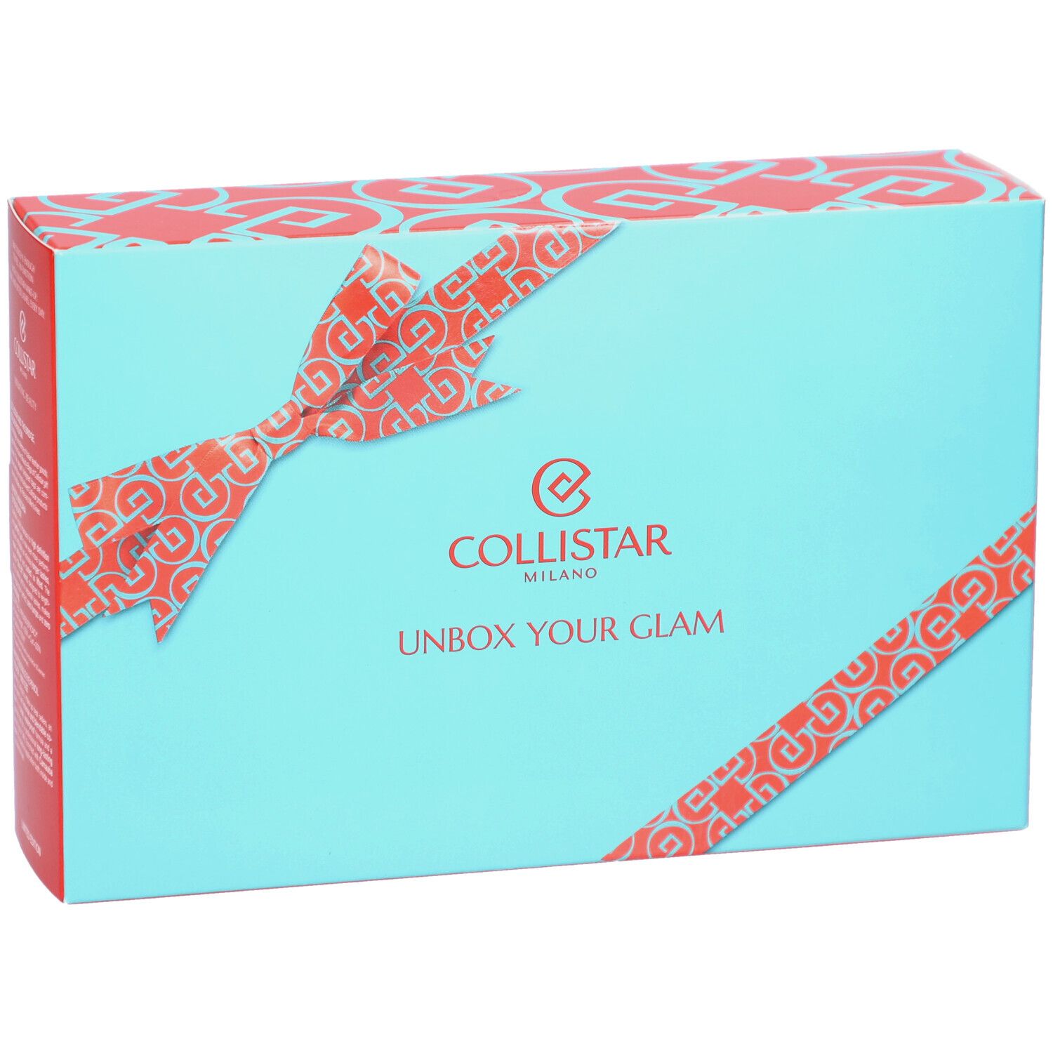 Coffret turquoise avec ruban rouge et logo. Inscription: UNBOX YOUR GLAM. Marque: Collistar Milano.