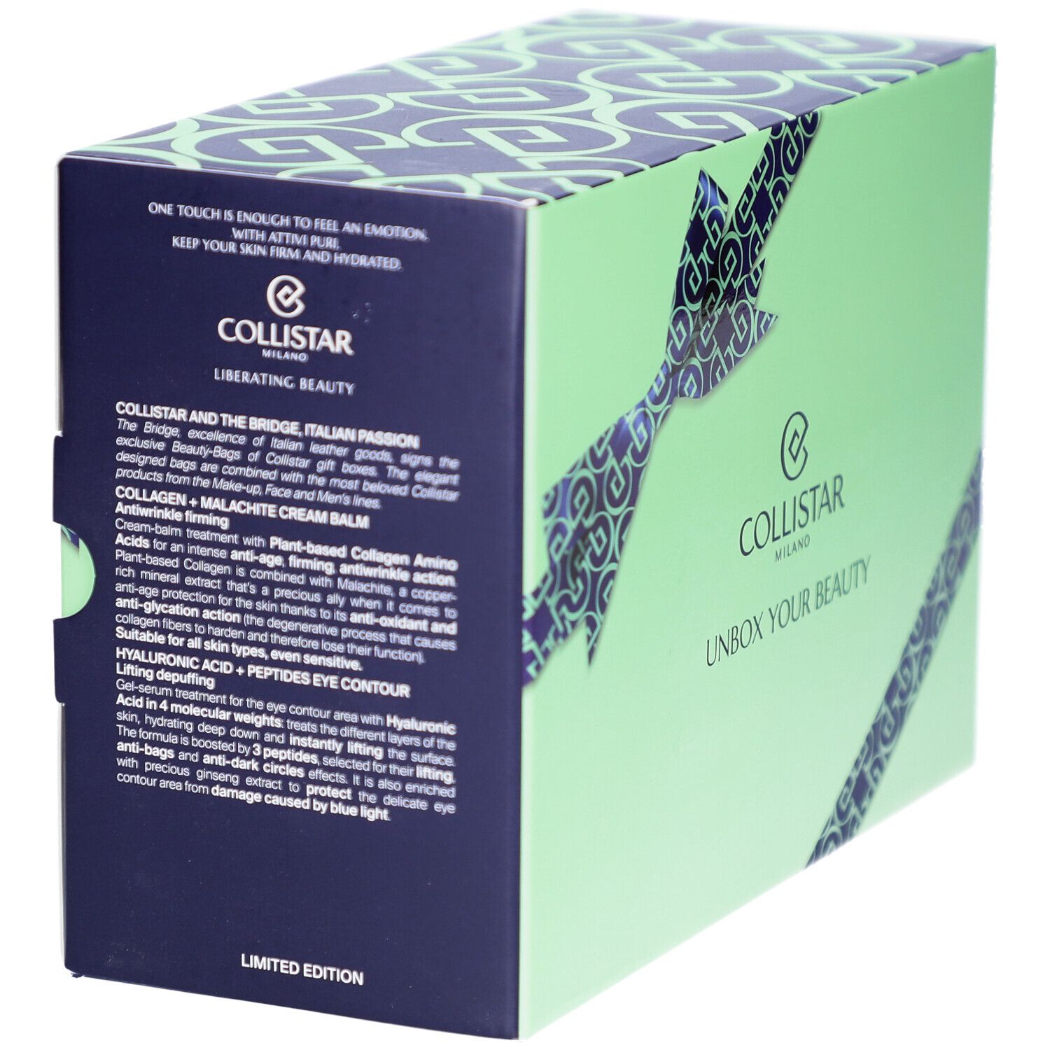 Coffret cadeau Collistar : vue latérale de la boîte avec informations produit et logo. Impression "Limited Edition".