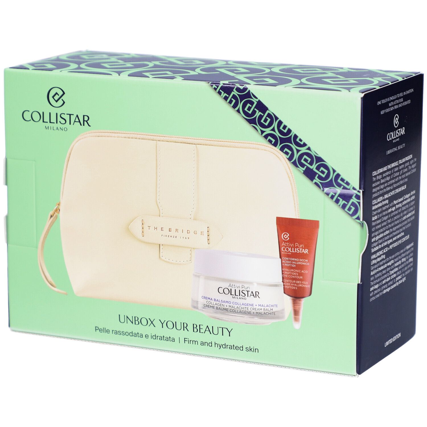 Coffret cadeau Collistar : boîte ouverte montrant une trousse de toilette, une crème visage et un soin contour des yeux. "Unbox Your Beauty".