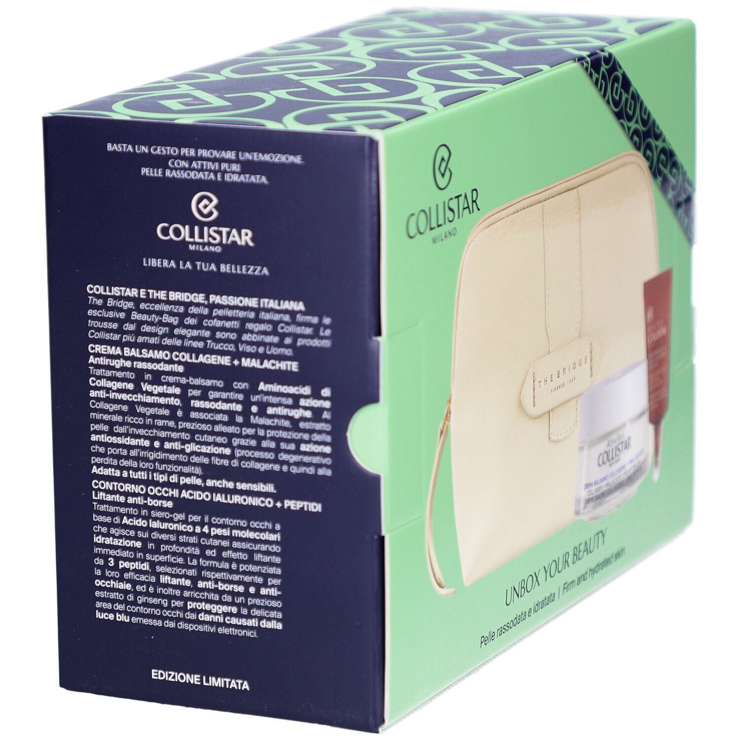 Coffret cadeau Collistar : boîte ouverte avec trousse de toilette, crème visage et soin contour des yeux. Infos produit sur le côté.
