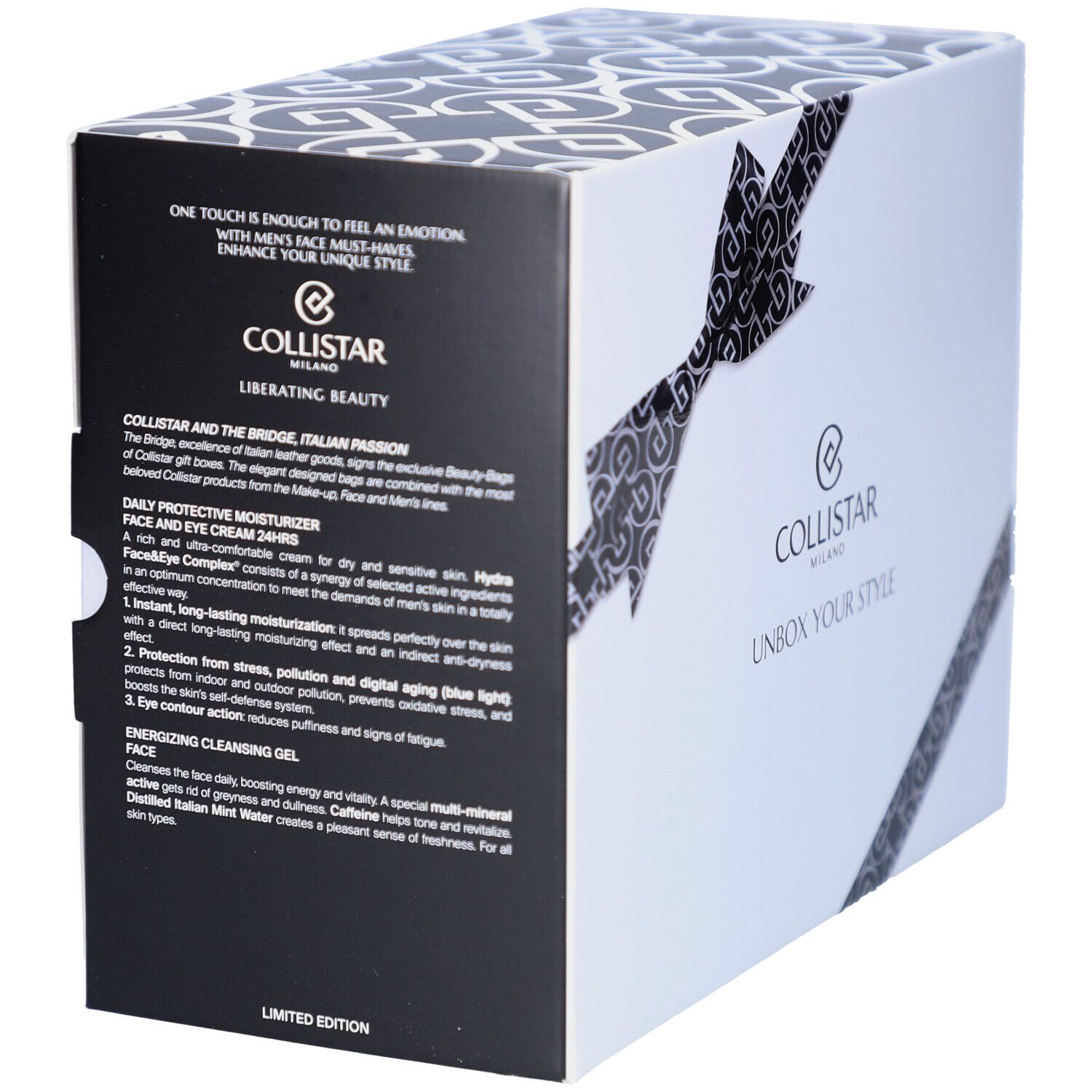 Coffret cadeau Collistar Mann Must-haves Gesicht avec description du produit sur le côté.