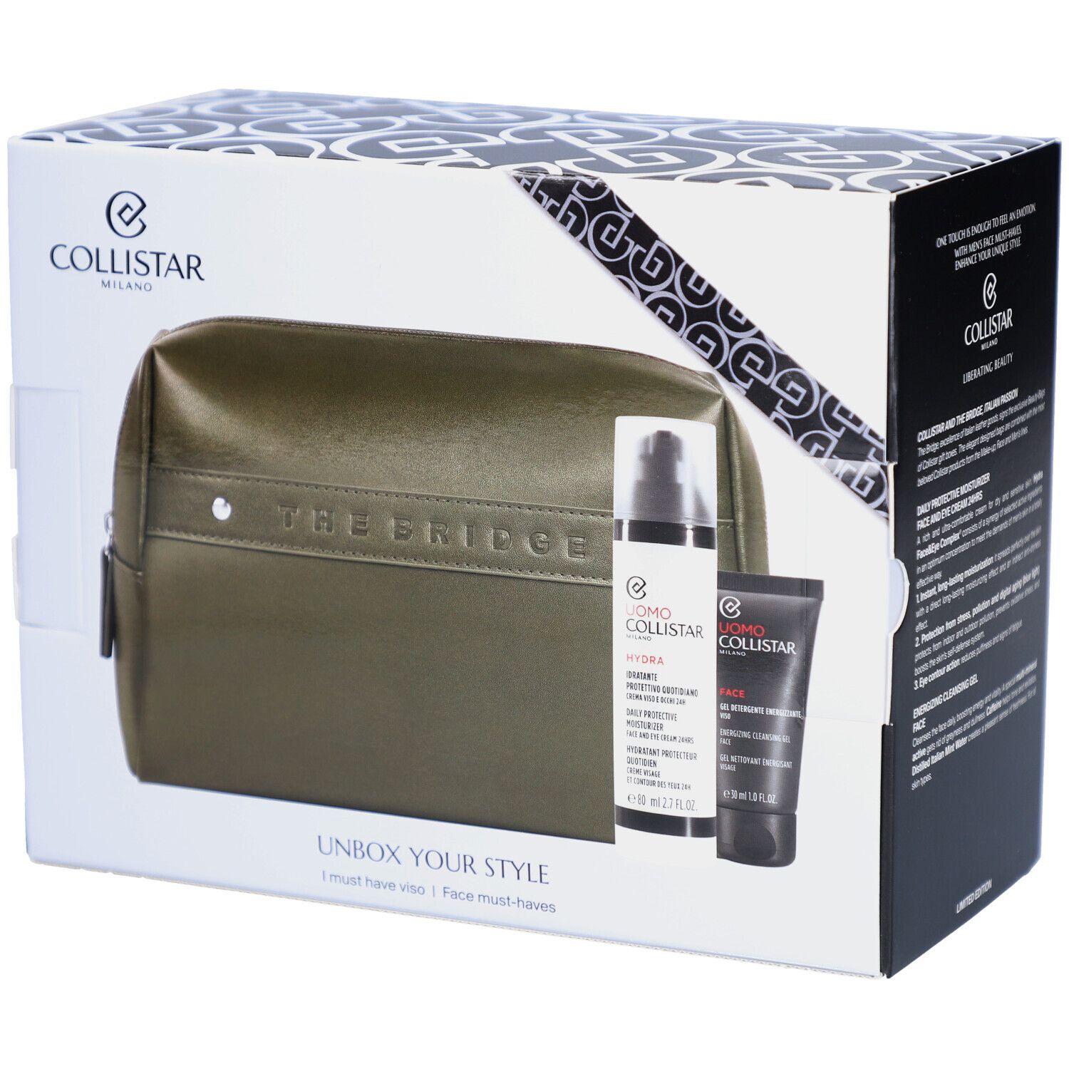 Coffret cadeau Collistar Mann Must-haves Gesicht avec trousse de toilette et deux produits.