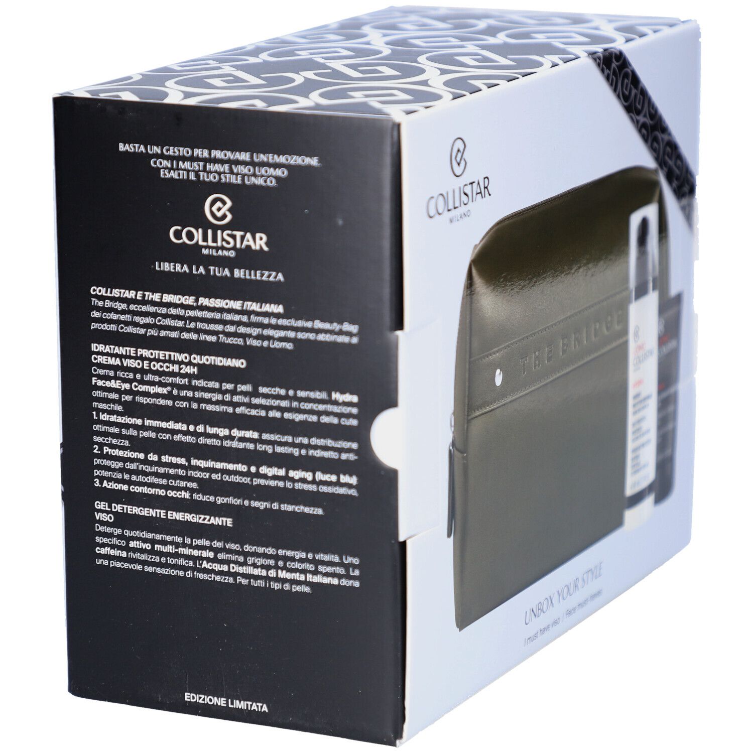 Coffret cadeau Collistar Mann Must-haves Gesicht, vue latérale avec trousse de toilette et produits.