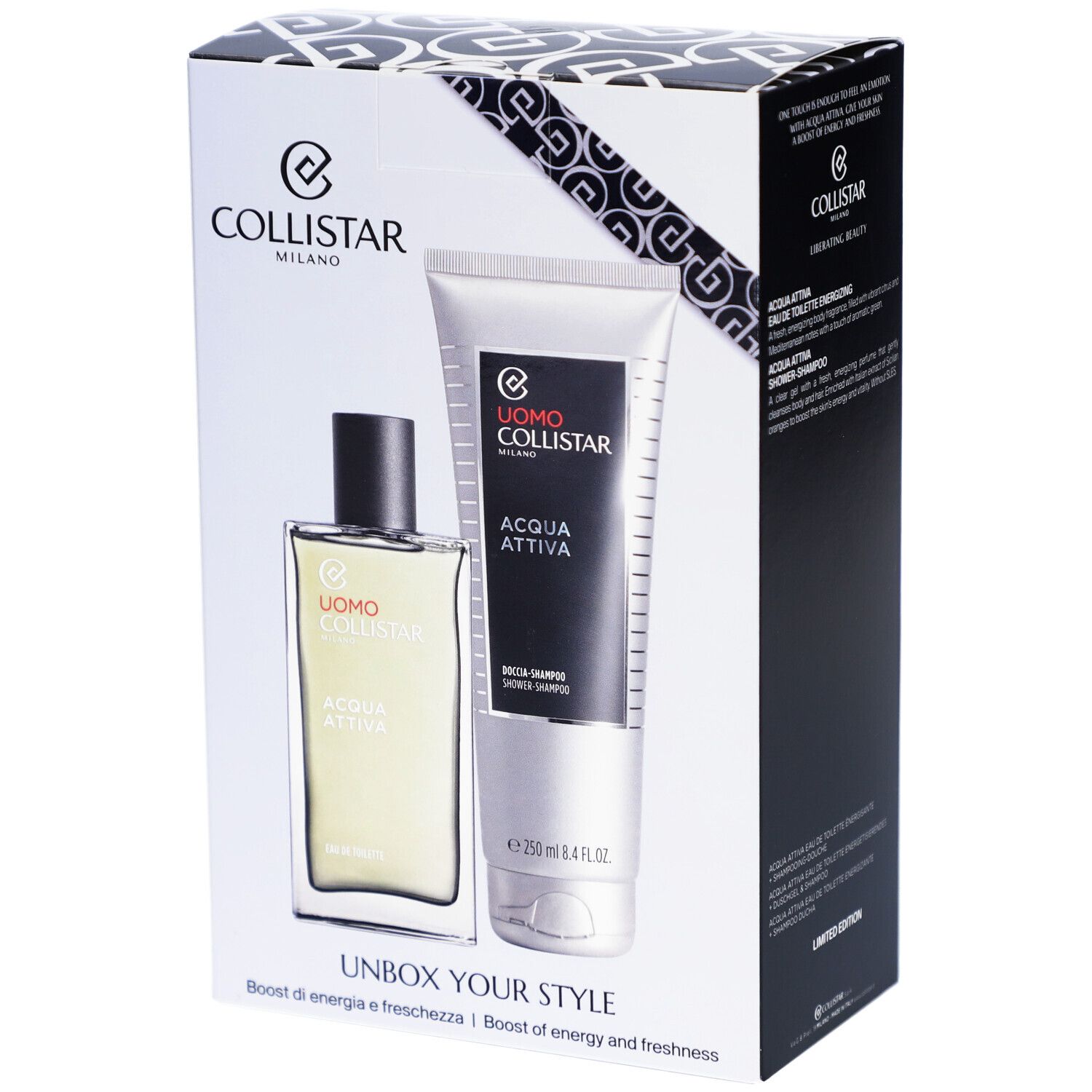 Coffret cadeau Collistar pour homme : eau de toilette et gel douche. Inscription "Unbox Your Style".