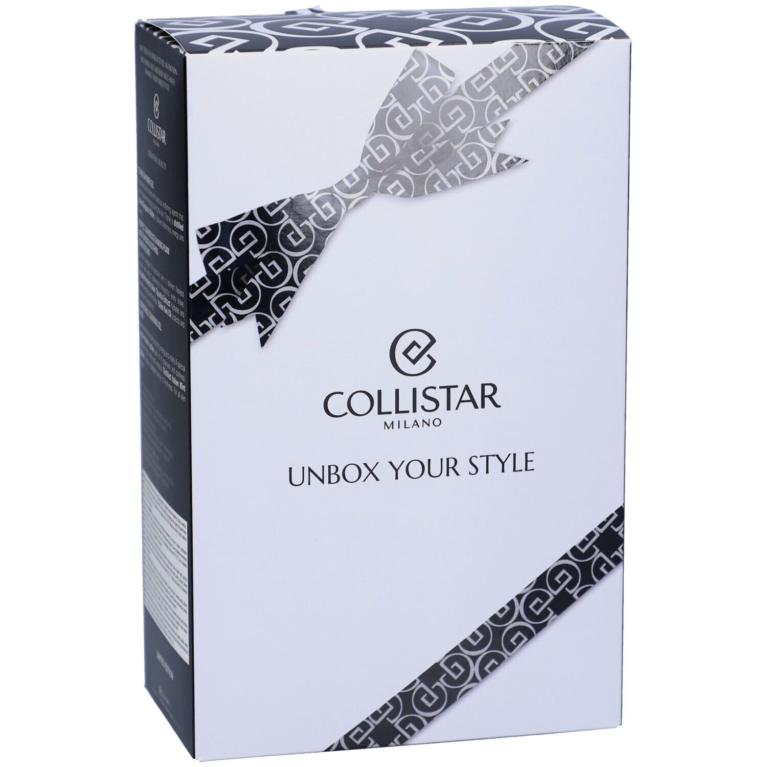 Coffret cadeau avec nœud. Marque Collistar Milano. Texte: Unbox Your Style.