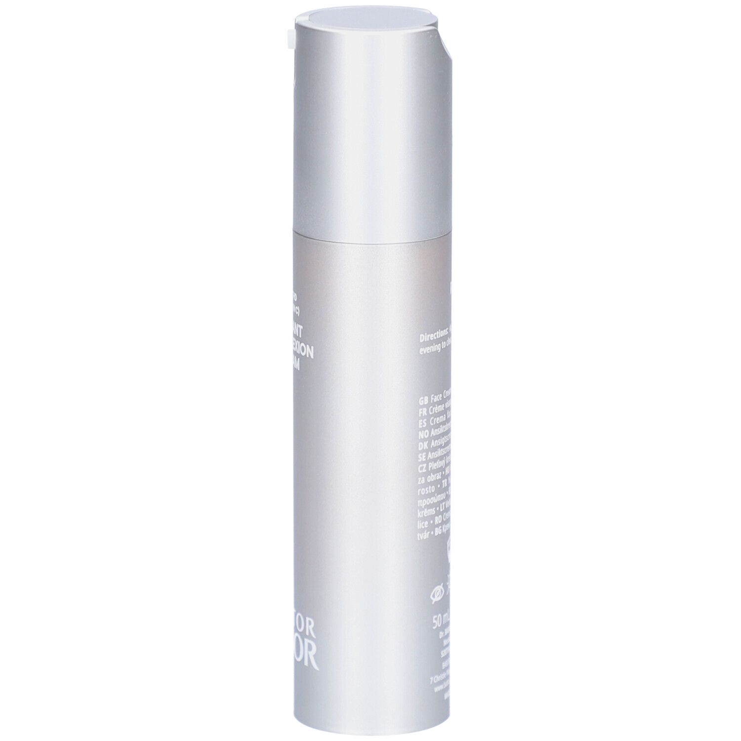 Flacon argenté avec pompe doseuse. Inscription: Doctor BABOR. Texte sur le flacon.