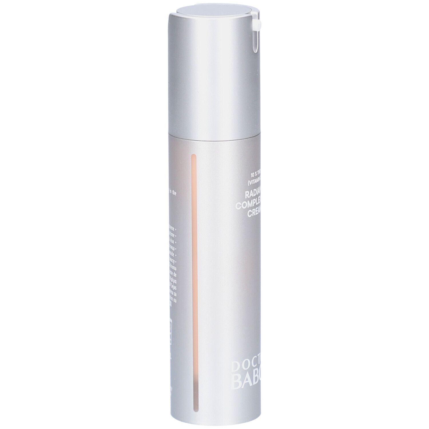 Flacon argenté avec pompe doseuse. Inscription: Doctor BABOR, Radiant Complexion Cream. Ligne verticale.