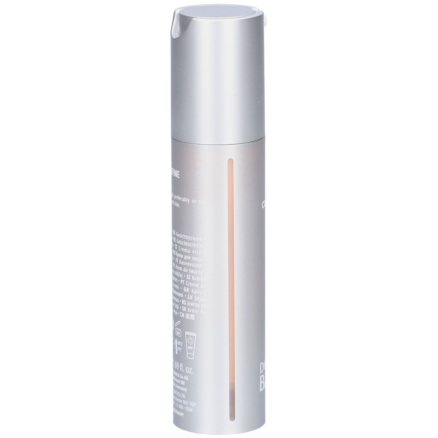 Flacon argenté avec pompe doseuse. Inscription: Doctor BABOR. Ligne verticale colorée. Texte sur le flacon.