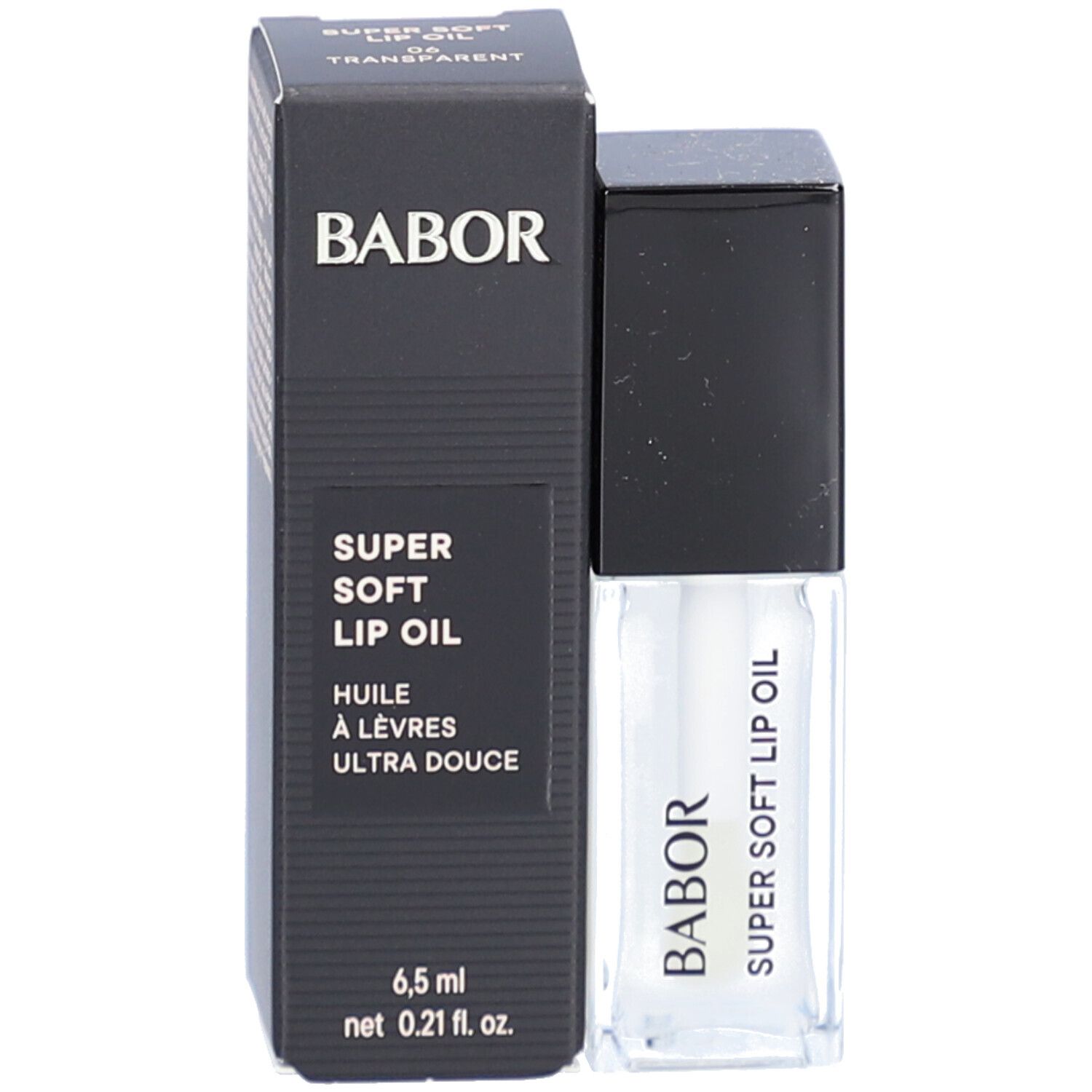 Emballage noir avec flacon d'huile à lèvres. Inscription : BABOR SUPER SOFT LIP OIL, 6,5 ml.