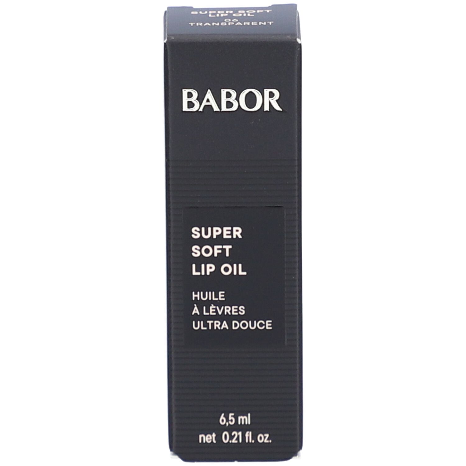 Emballage noir avec inscription : BABOR SUPER SOFT LIP OIL, 6,5 ml.