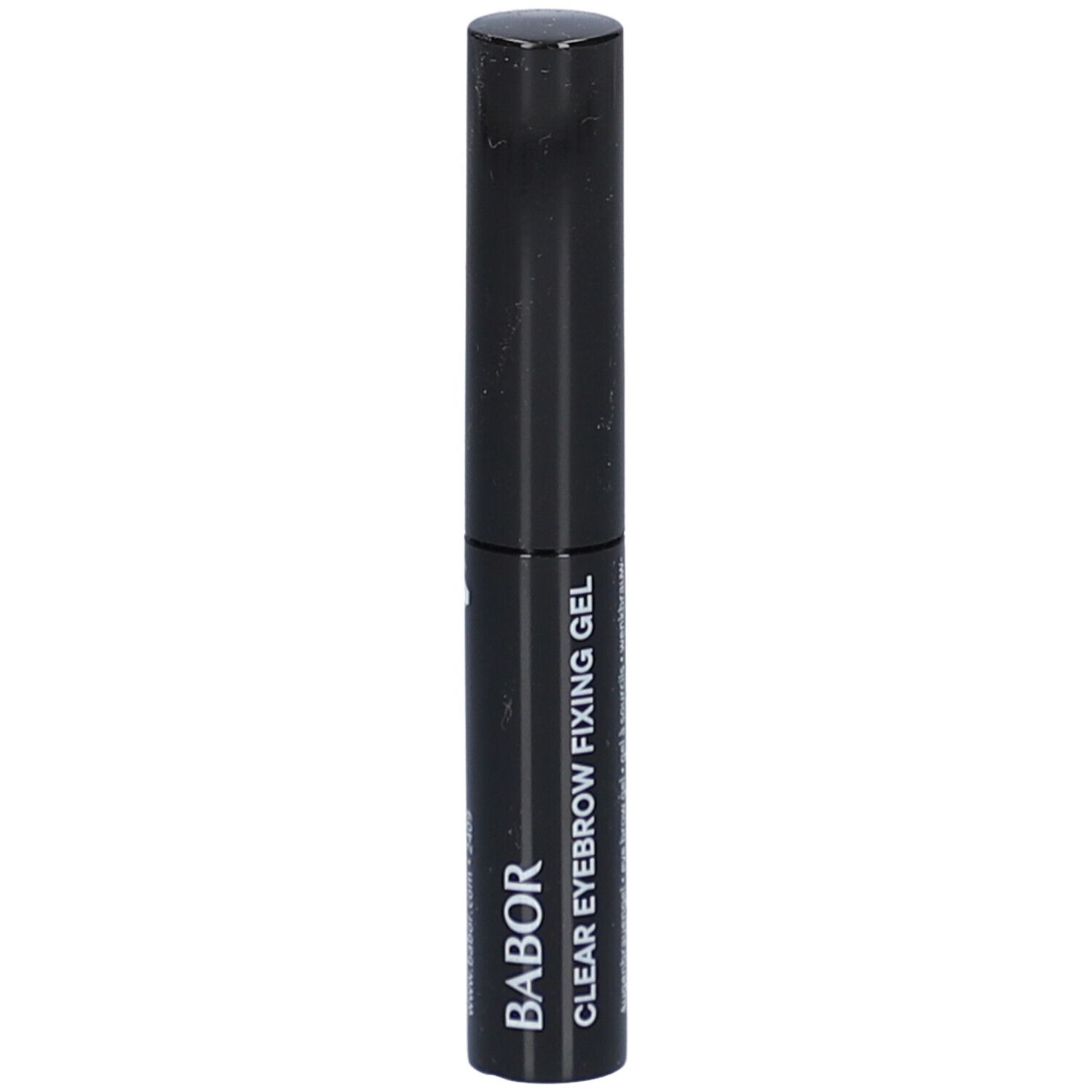 Tube noire avec bouchon noir. Inscription: Babor Clear Eyebrow Fixing Gel.