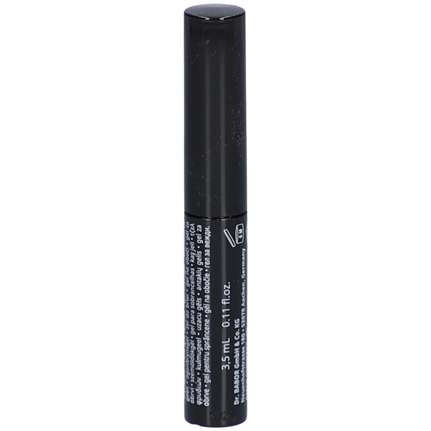 Tube noire avec bouchon noir. Inscription: 3,5 ml 0,11 fl.oz. Texte en plusieurs langues.