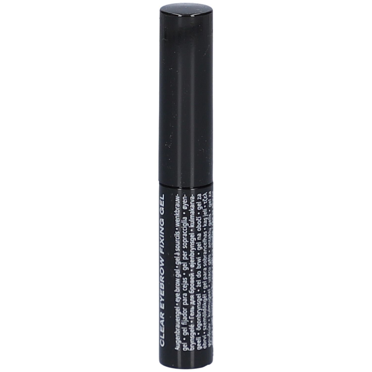 Tube noire avec bouchon noir. Inscription: Clear Eyebrow Fixing Gel. Texte multilingue.