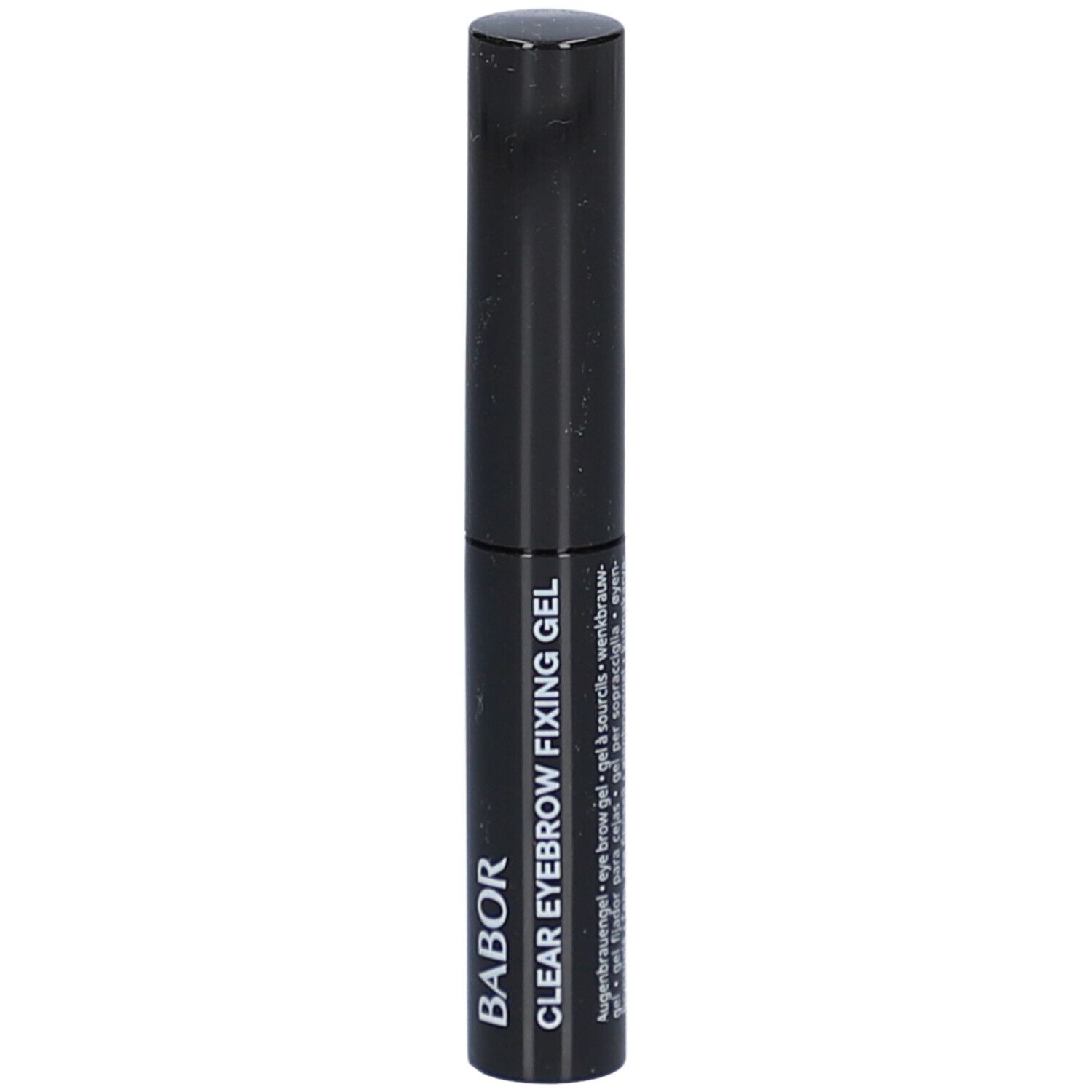 Tube noire avec bouchon noir. Inscription: Clear Eyebrow Fixing Gel.