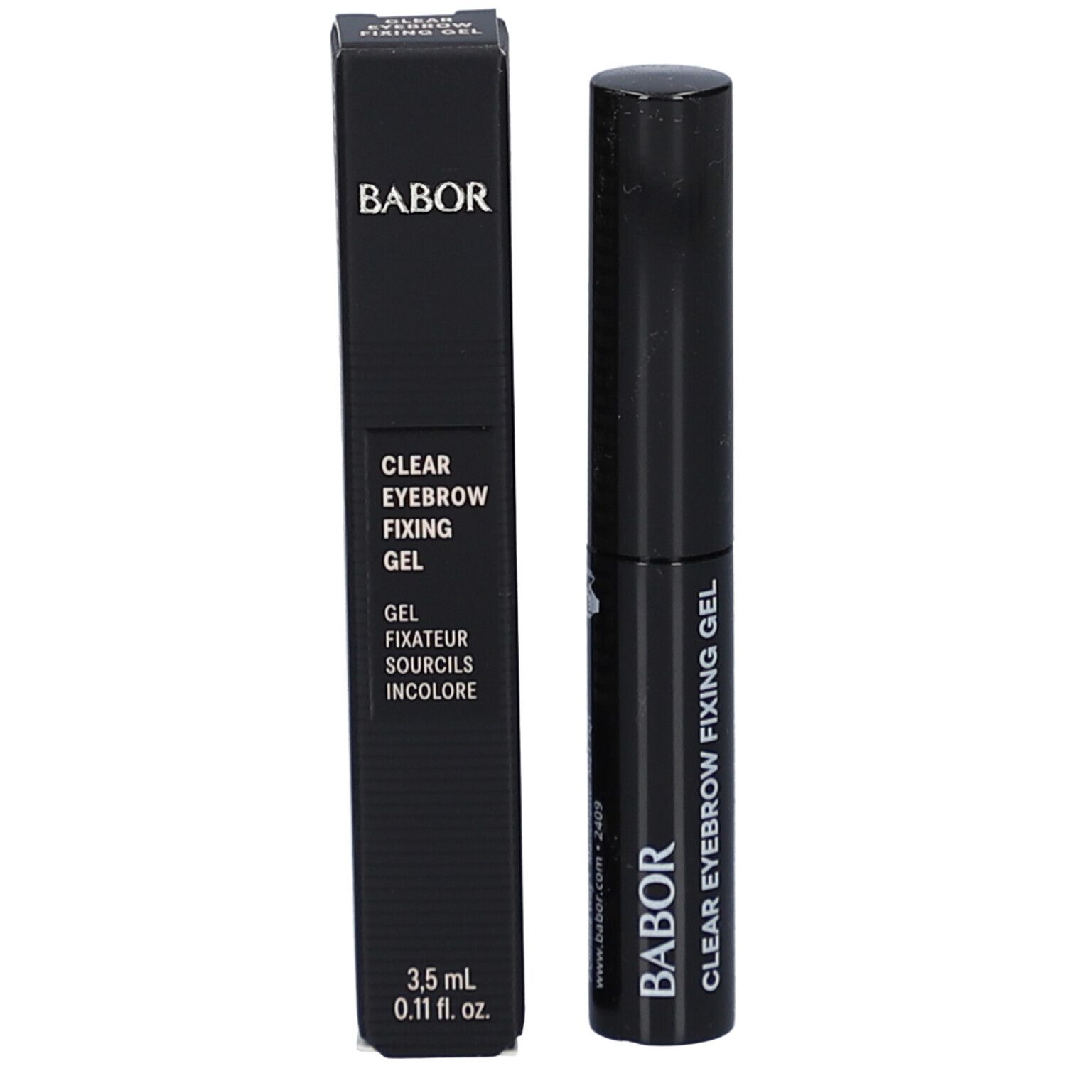 Tube et boîte noirs. Inscription: Babor Clear Eyebrow Fixing Gel. 3,5 ml.