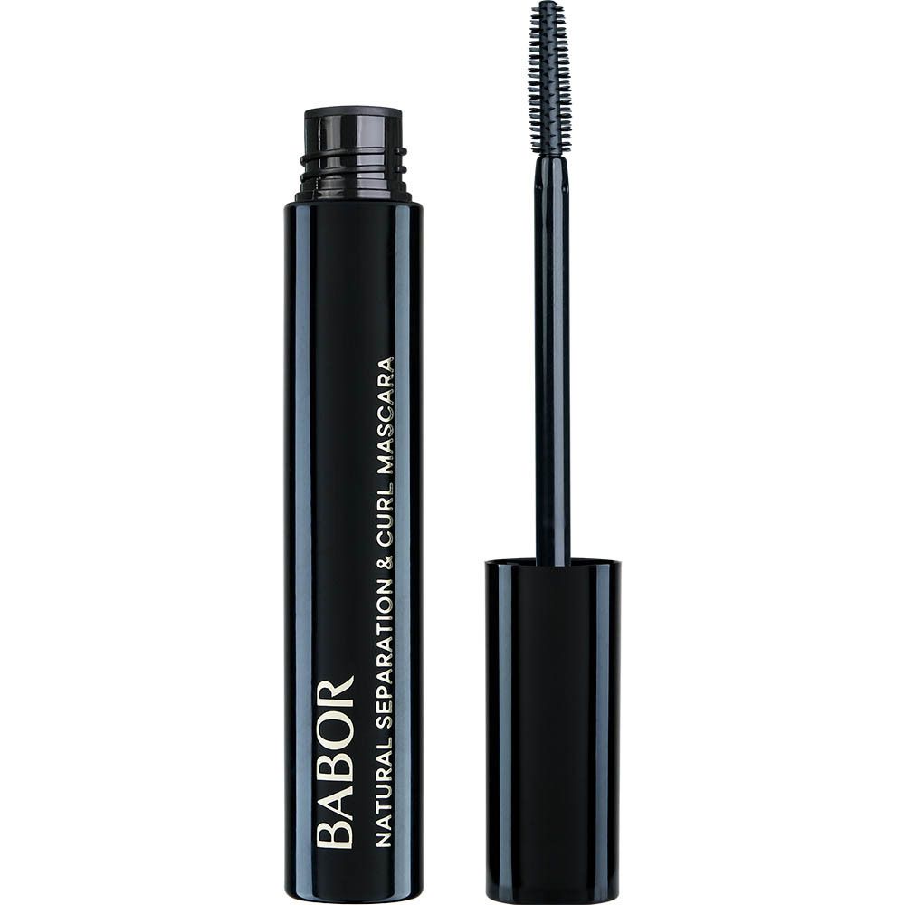 Brosse de mascara ouverte. Brosse et contenant noirs. Inscription: BABOR NATURAL SEPARATION & CURL MASCARA.