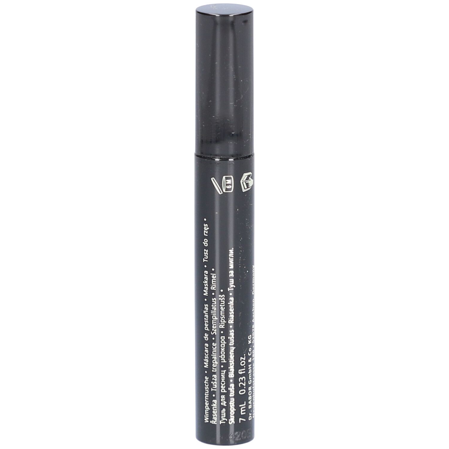 Brosse de mascara noire avec bouchon noir. Inscription: 7 ml 0,23 fl.oz. Babor. Fabriqué en Italie.