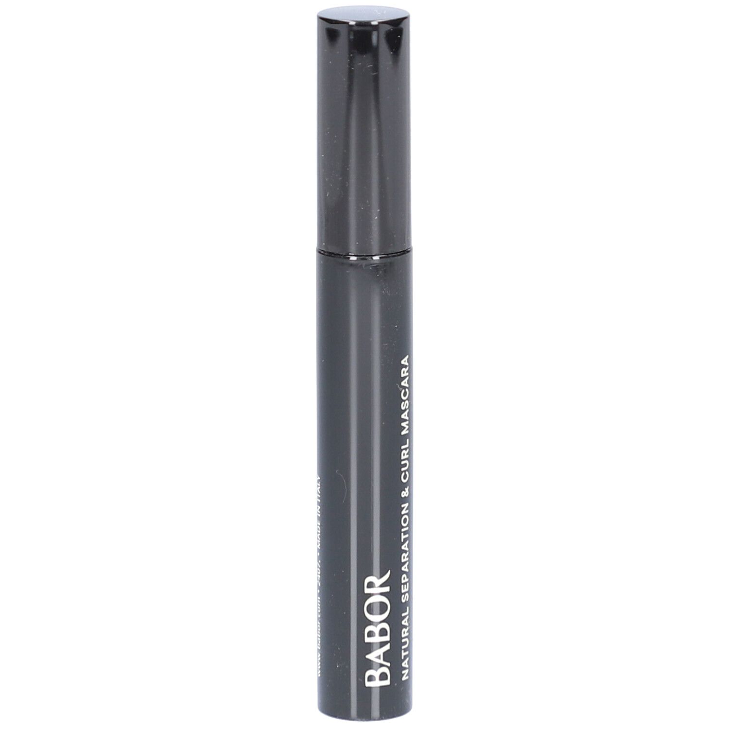Brosse de mascara noire avec bouchon noir. Inscription: Natural Separation & Curl Mascara. Babor.
