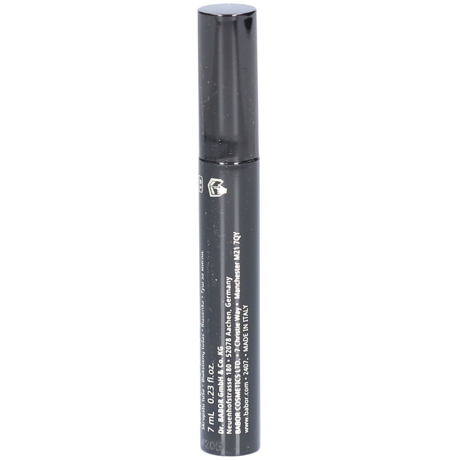 Brosse de mascara noire avec bouchon noir. Inscription: 7 ml 0,23 fl.oz. Babor. Fabriqué en Italie.