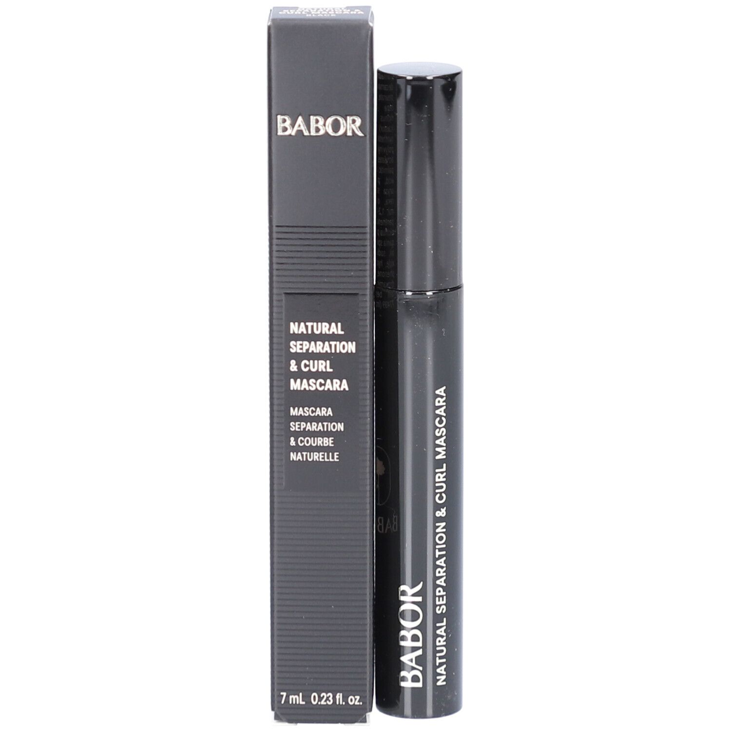Emballage noir avec brosse de mascara. Inscription: Babor, Natural Separation & Curl Mascara, 7 ml 0,23 fl.oz.