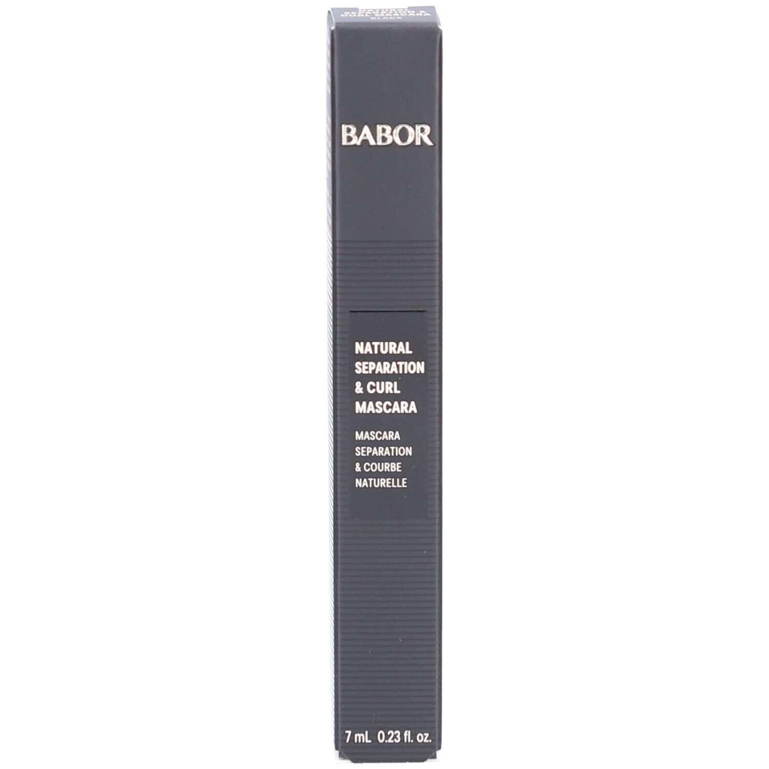 Emballage noir. Inscription: Babor, Natural Separation & Curl Mascara, 7 ml 0,23 fl.oz.