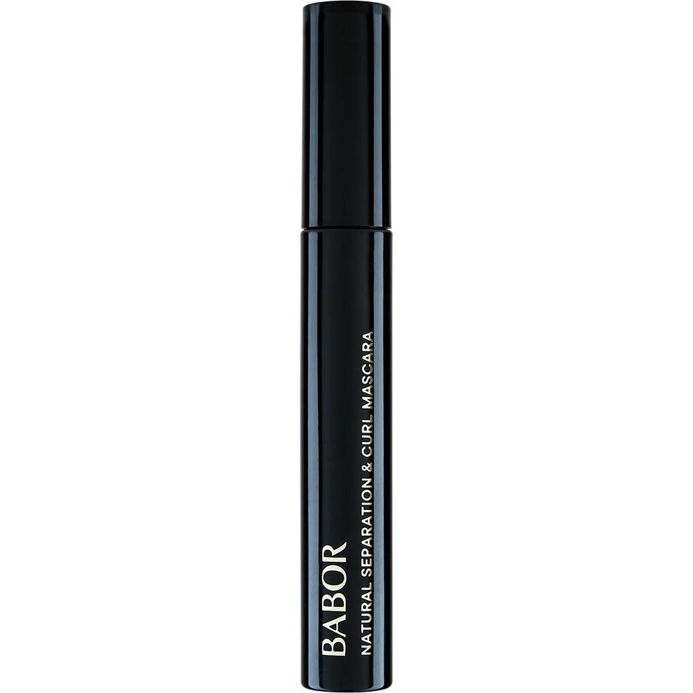 Brosse de mascara noire avec bouchon noir. Inscription: BABOR NATURAL SEPARATION & CURL MASCARA.