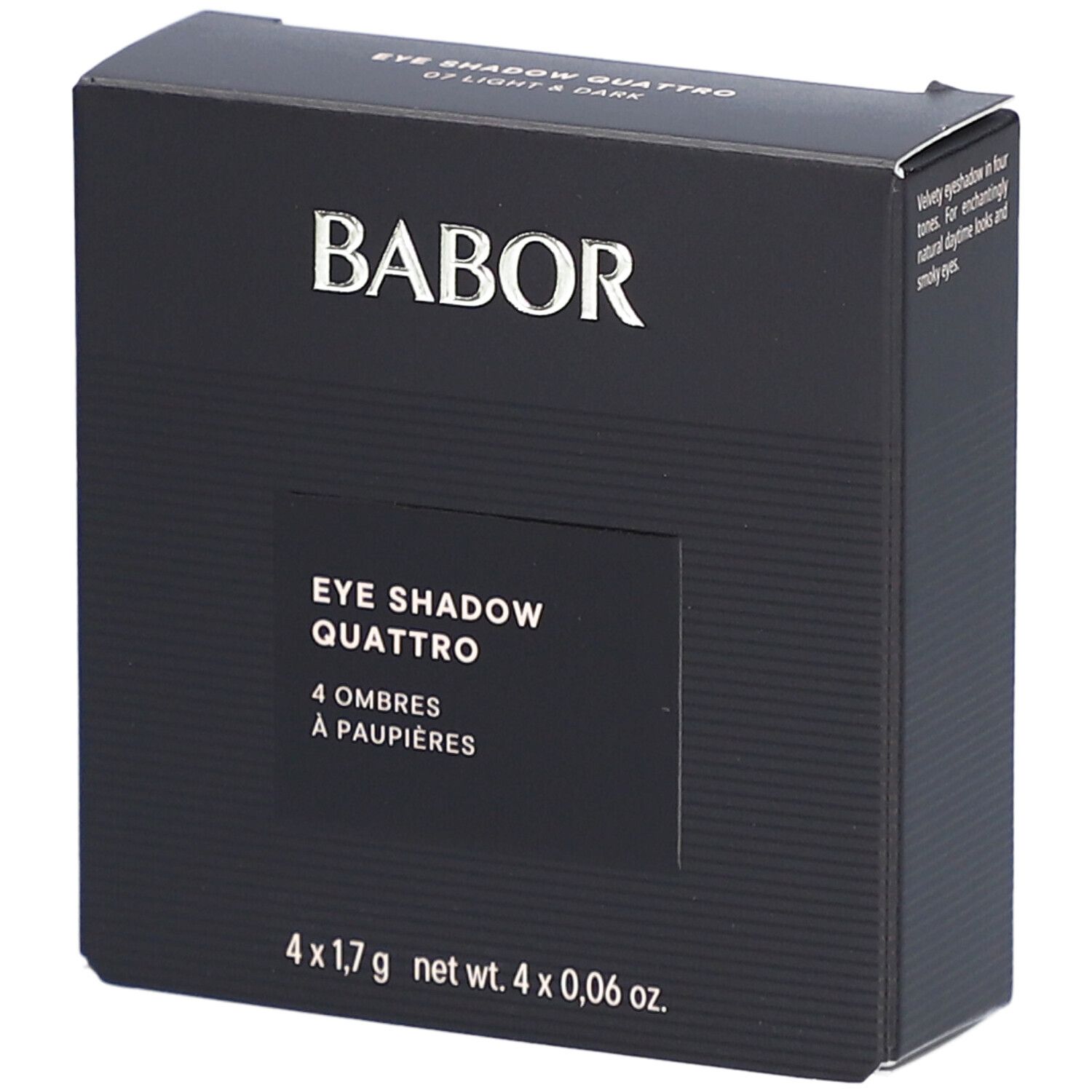 Boîte noire Babor. Inscription: EYE SHADOW QUATTRO, 4 Ombres à paupières. En bas: 4 x 1,7 g net wt. 4 x 0,06 oz.