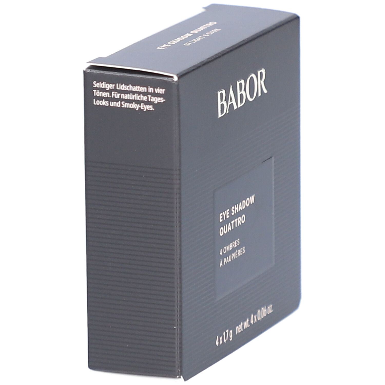 Boîte noire Babor. Inscription: EYE SHADOW QUATTRO, 4 Ombres à paupières. En bas: 4 x 1,7 g net wt. 4 x 0,06 oz.