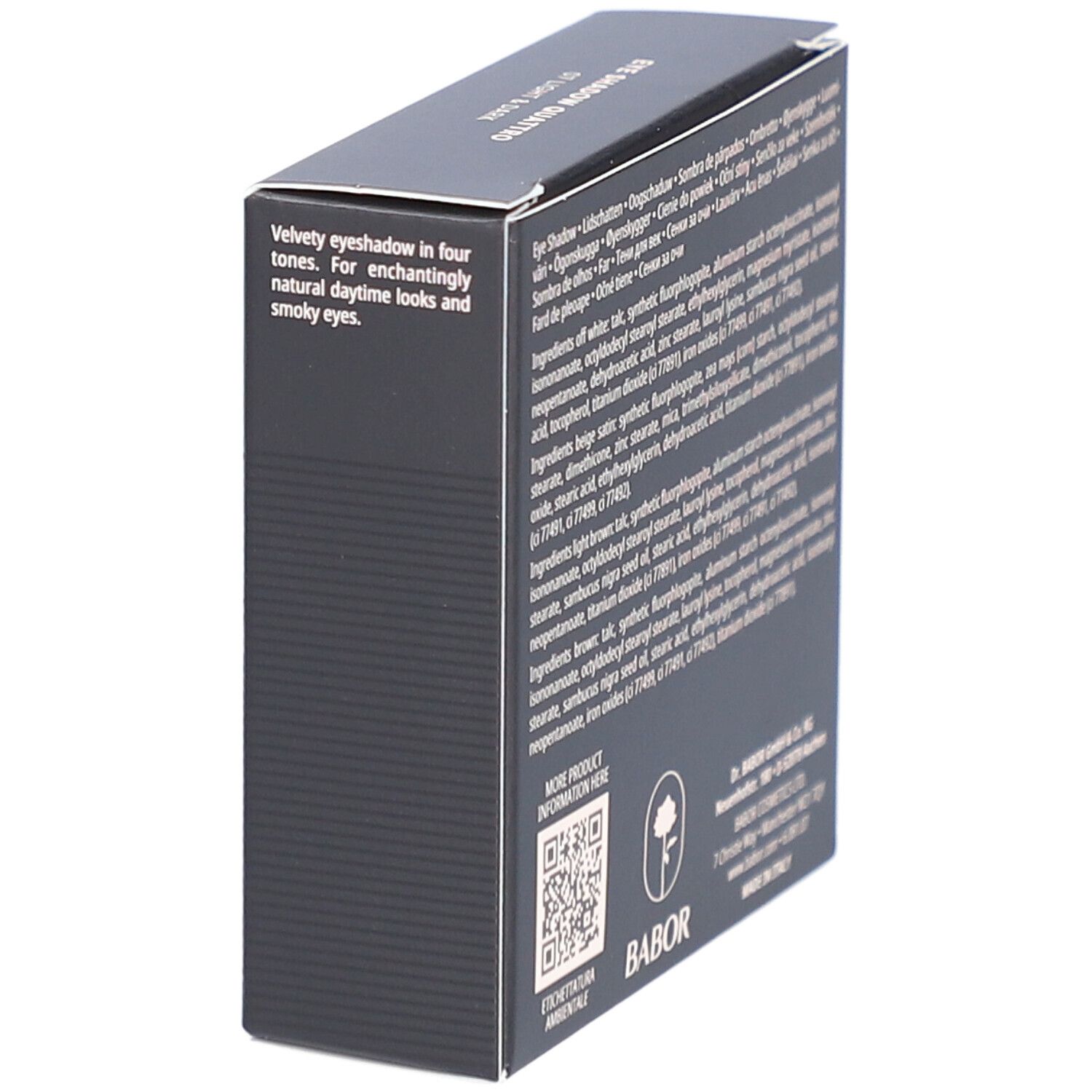 Boîte noire Babor. Inscription: EYE SHADOW QUATTRO, 4 Ombres à paupières. En bas: 4 x 1,7 g net wt. 4 x 0,06 oz. Ingrédients au dos.