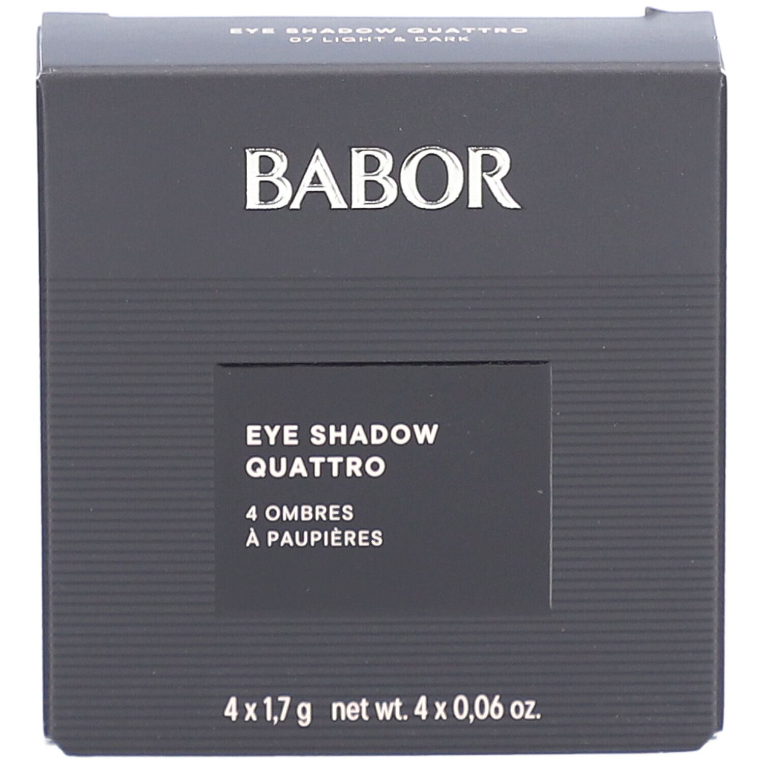 Boîte noire Babor. Inscription: EYE SHADOW QUATTRO, 4 Ombres à paupières. En bas: 4 x 1,7 g net wt. 4 x 0,06 oz.