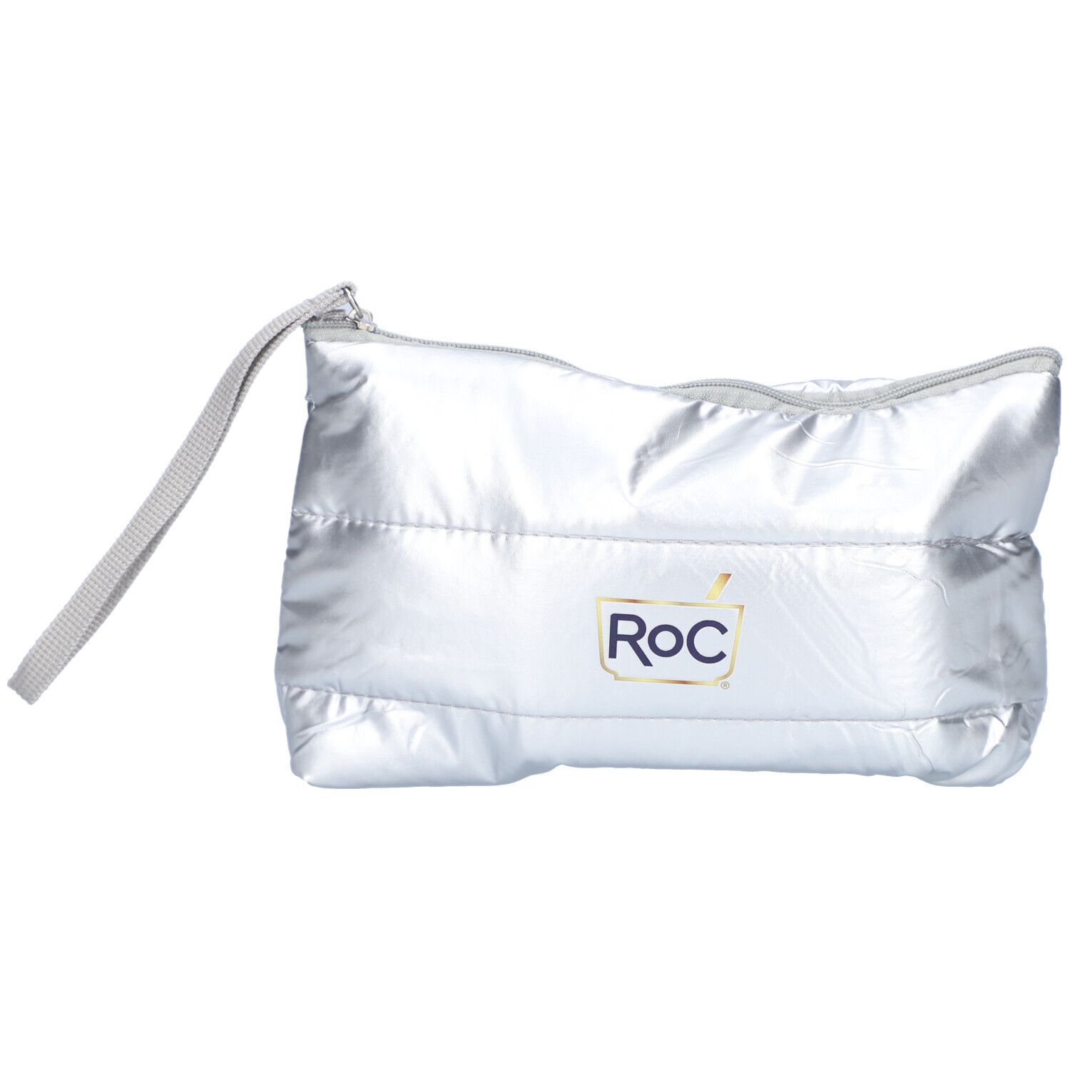 Trousse de maquillage argentée avec fermeture éclair et poignée. Logo RoC visible.